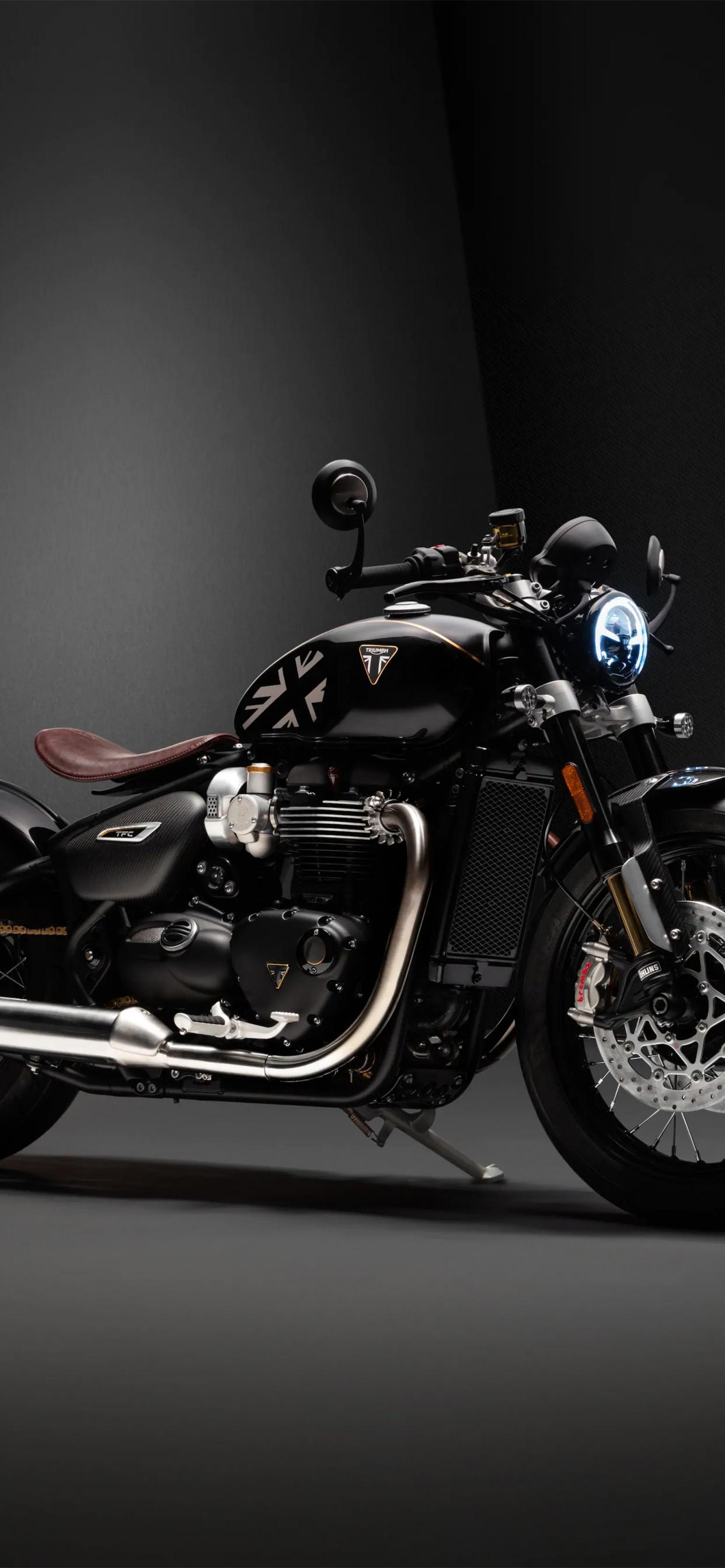 1242x2688 Triumph Bonneville Bobber TFC Wallpaper 4K, Cafe Racer, Dark Background, 5K, Black Dark