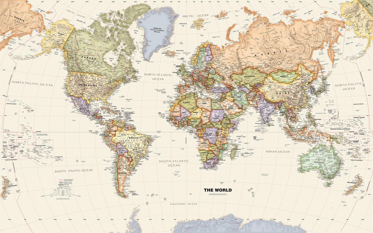 1280x801 Beige Ocean World Political Map Mural. Removable Peel & Stick Wallpaper Map