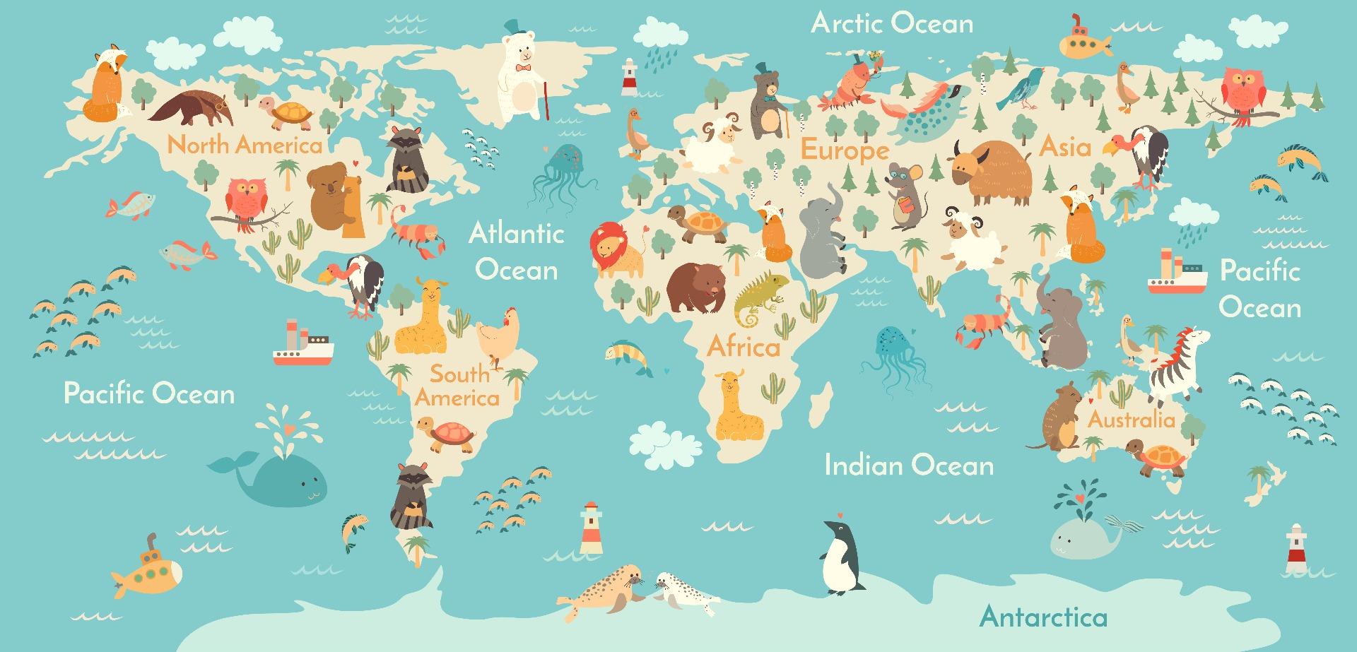 1920x923 Animals World Map. Kids Room World Map Wallpaper