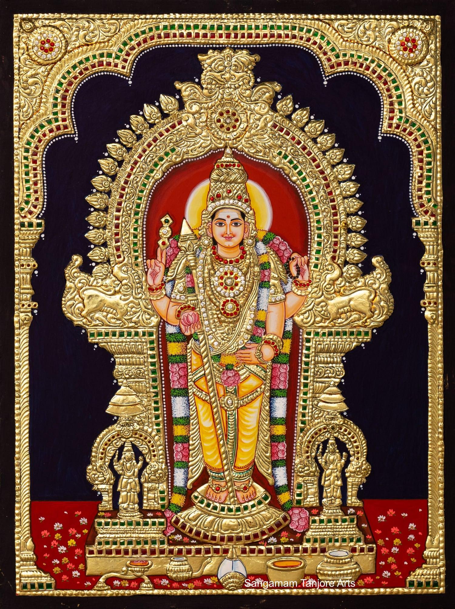 1500x2004 Pure Gold Thiruchendur Murugan 28x22 Tanjore Painting With