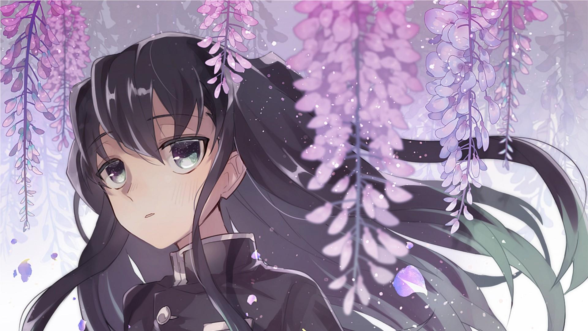 1920x1080 Demon Slayer Muichiro Tokito Wearing Black Dress With Long Black Hair Around Purple Flowers HD Anime Wallpaper