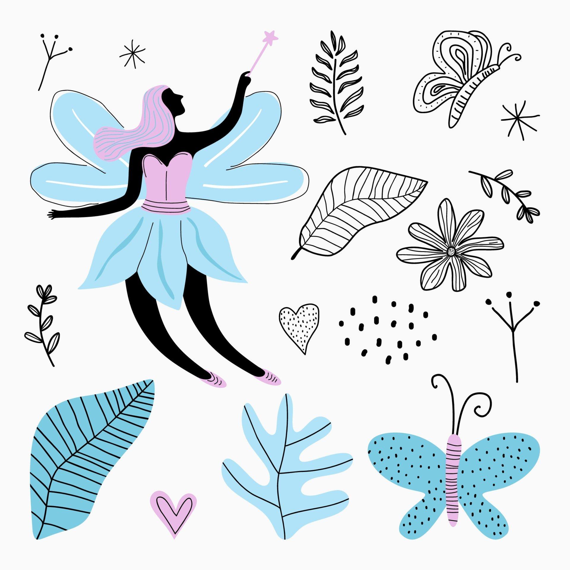 1920x1920 Set of cartoon cute fairy, butterfly, flowers, leave and love isolated on white background. Fabric design for girls artworks, wallpaper, prints. Vector kids illustration