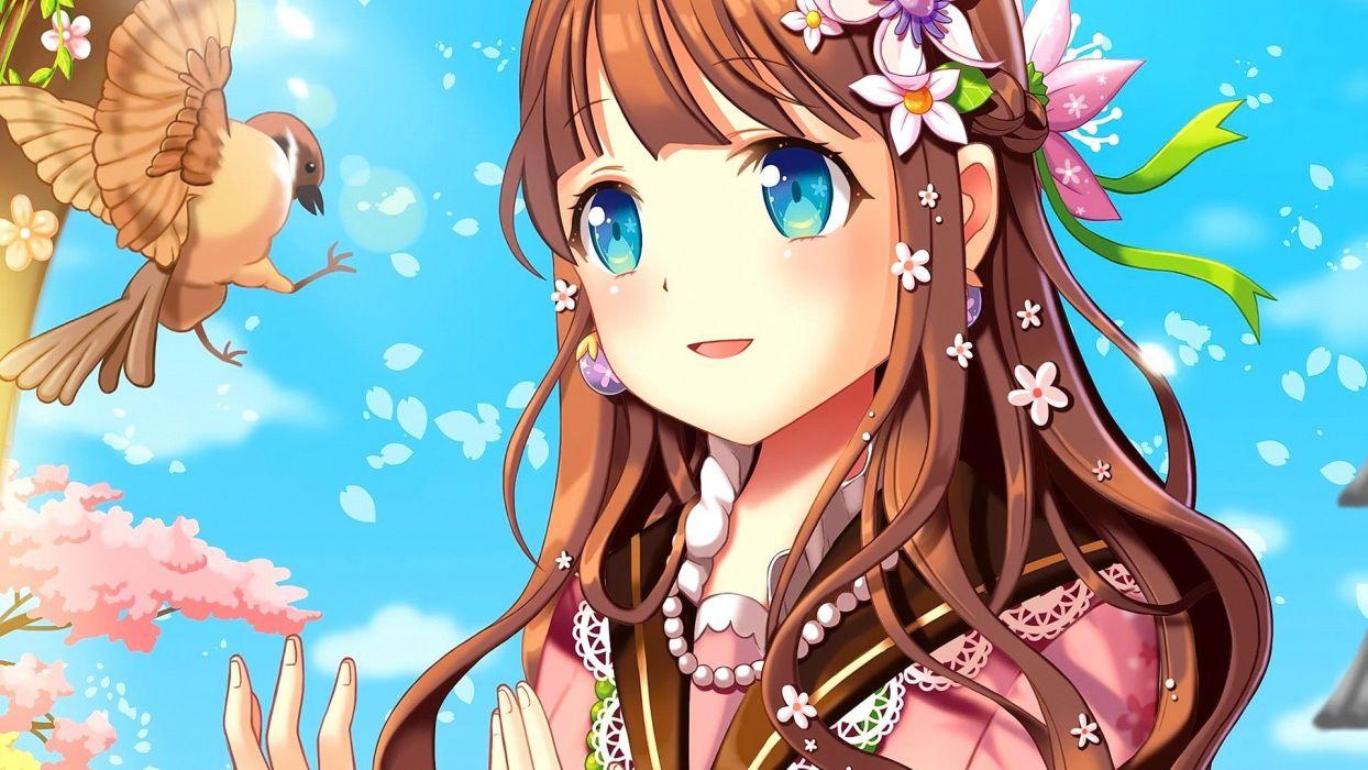 1244x700 Birds cute anime girls long hair brunette blue eyes smiling open mouth dress Japanese clothes wallpaperx1080