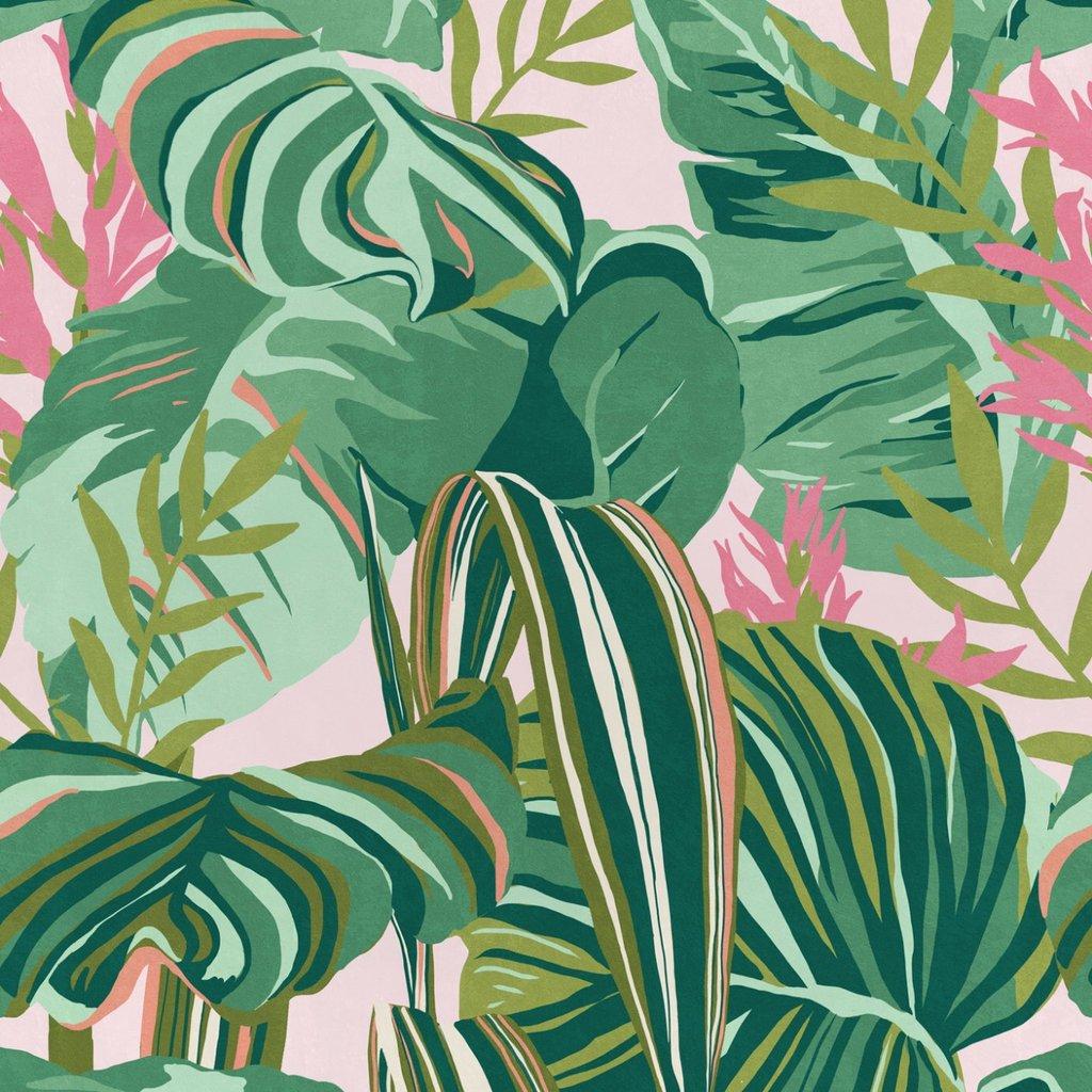 1024x1024 Tropical Foliage Wallpaper in Green and Pink from the Palm Springs Col
