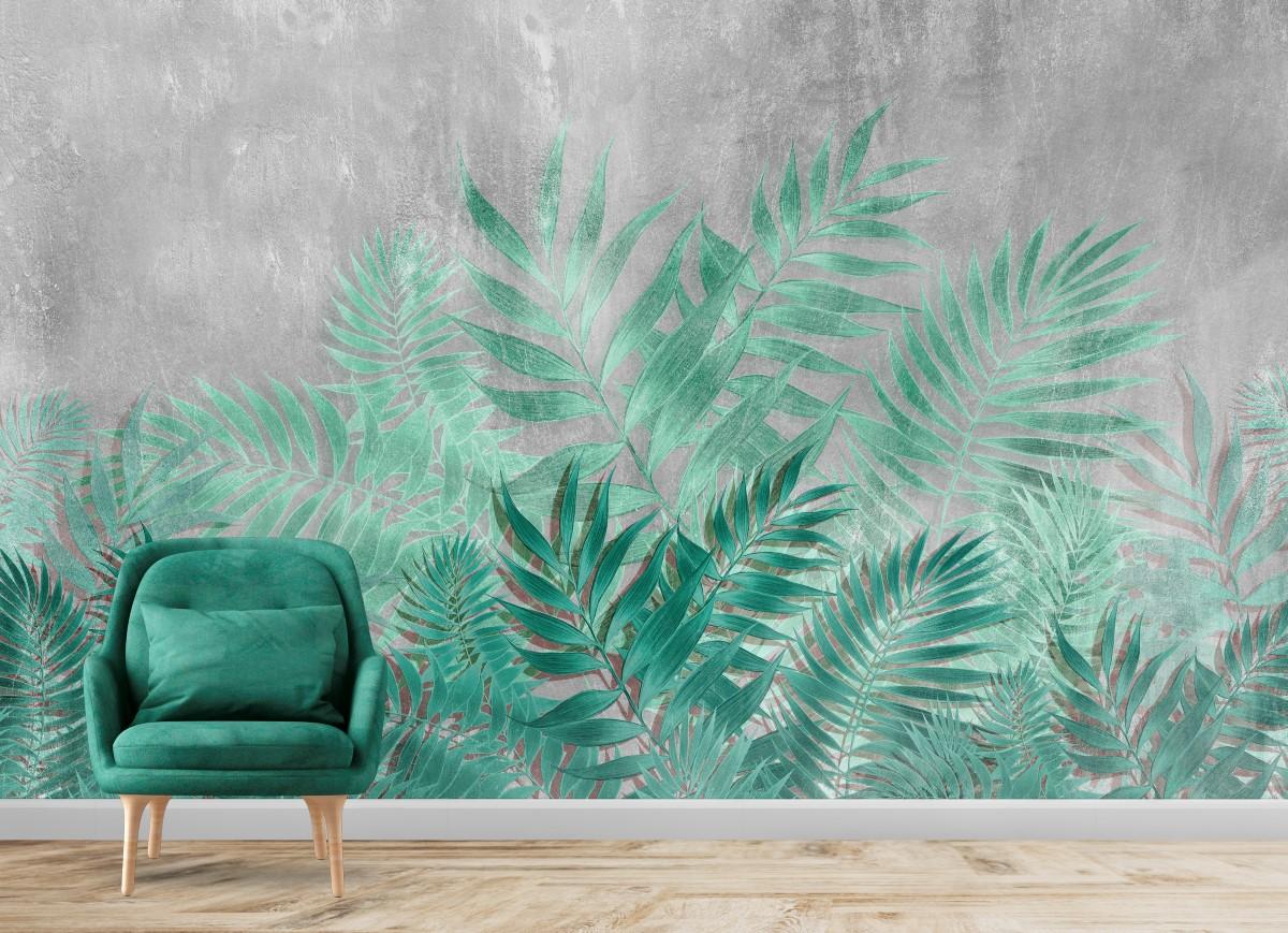 1200x869 Green Tropical Leaves on Gray Concrete Texture Wallpaper