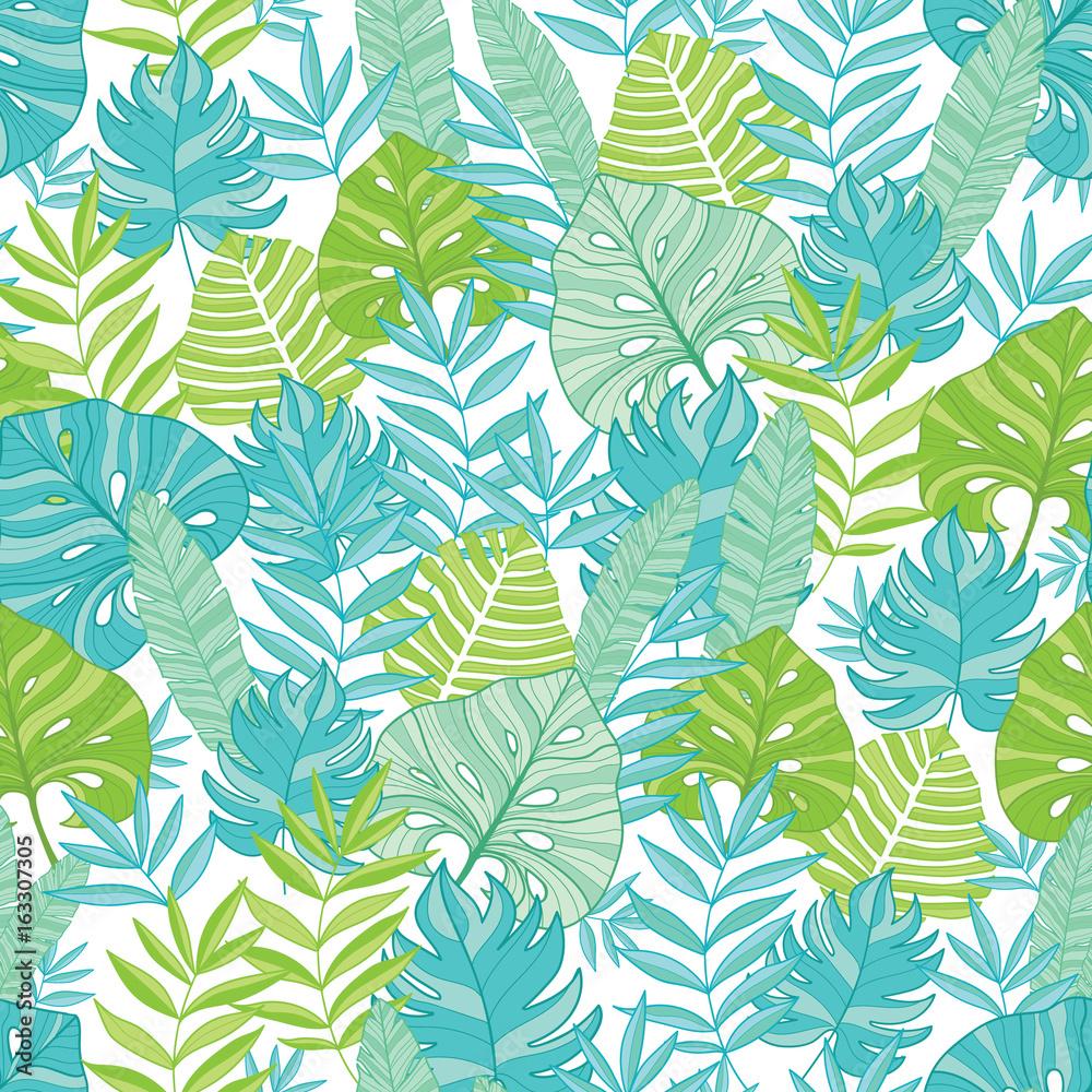 1000x1000 Vector blue green tropical leaves summer hawaiian seamless pattern with tropical plants and leaves on navy blue background. Great for vacation themed fabric, wallpaper, packaging. Stock Vector
