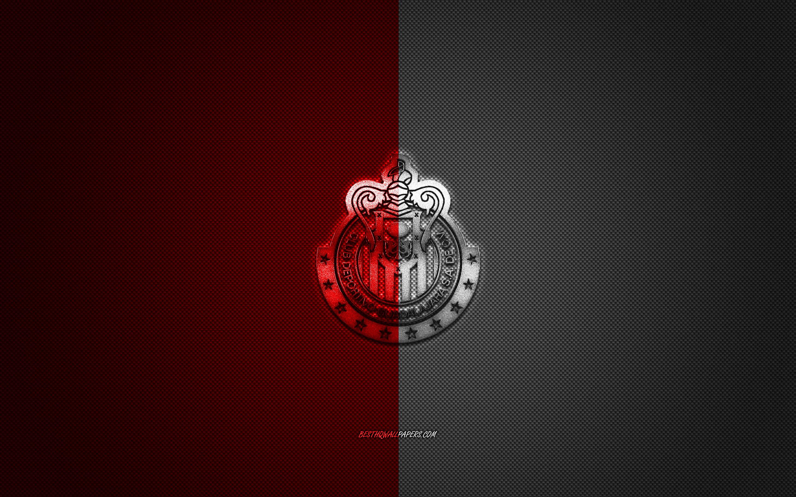 2560x1600 Download wallpaper CD Guadalajara, Mexican football club, Liga MX, red and white logo, red and white carbon fiber background, football, Guadalajara, Mexico, CD Guadalajara logo, Guadalajara Chivas for desktop with resolution 2560x1600