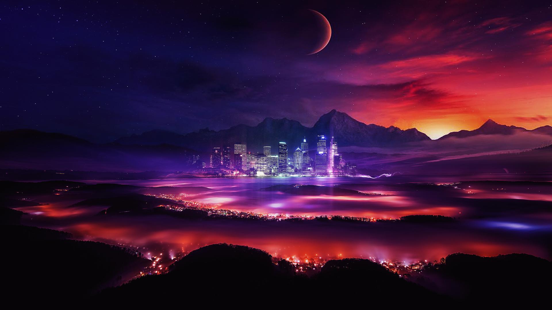 1920x1080 Planet Moon Stars Space Mountains Lights Night Sky City Panoramic View Colorful Wallpaper:1920x1080