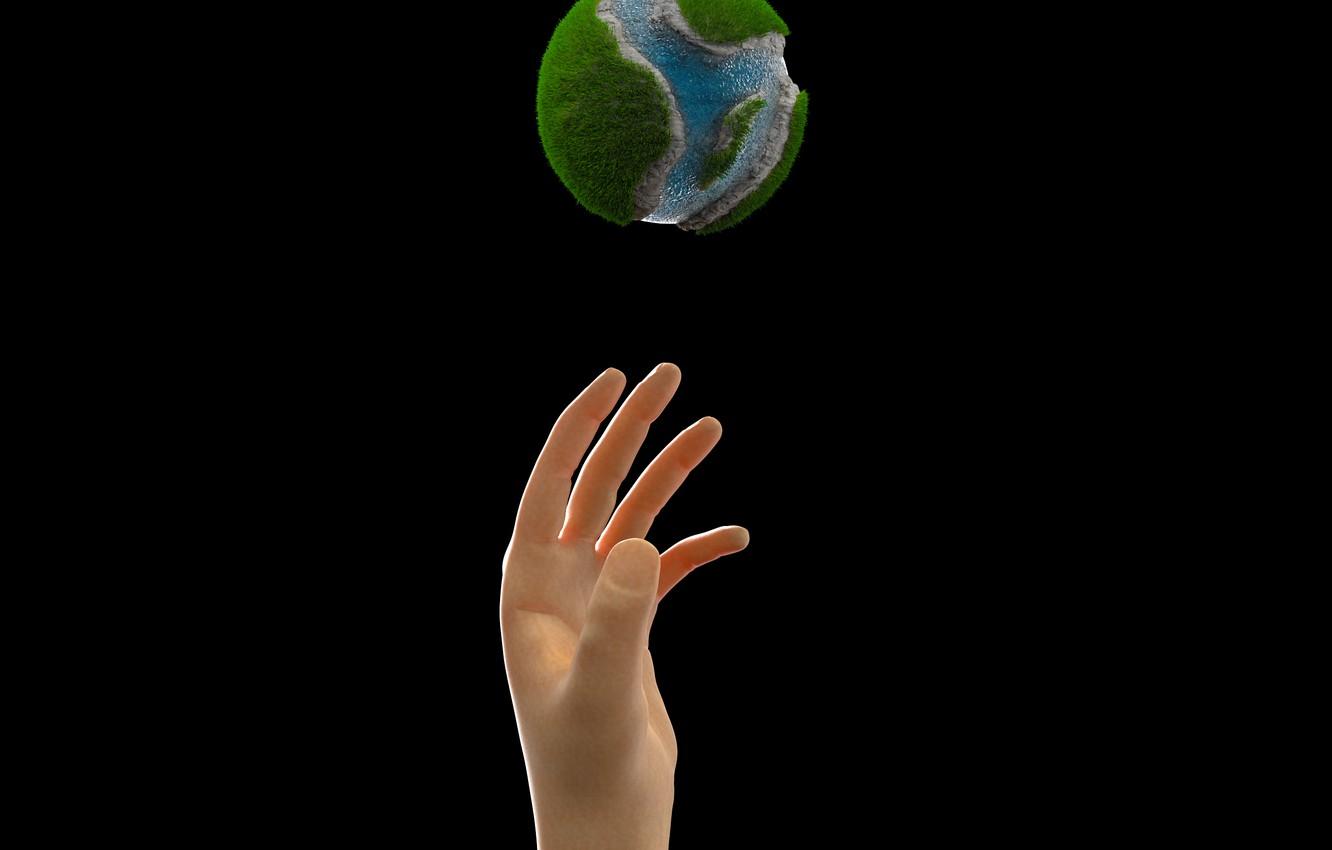 1332x850 Wallpaper earth, minimal, minimal Wallpaper, hand, minimal WallS, black wallpaper, globe, dark background, computer animation, grabbing, amoled, cgi image for desktop, section рендеринг