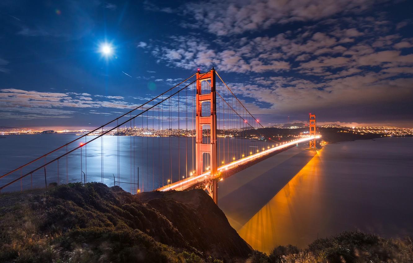 1332x850 Wallpaper the sky, light, night, the city, lights, Strait, the moon, Bay, San Francisco, USA, California, the Golden Gate bridge image for desktop, section город