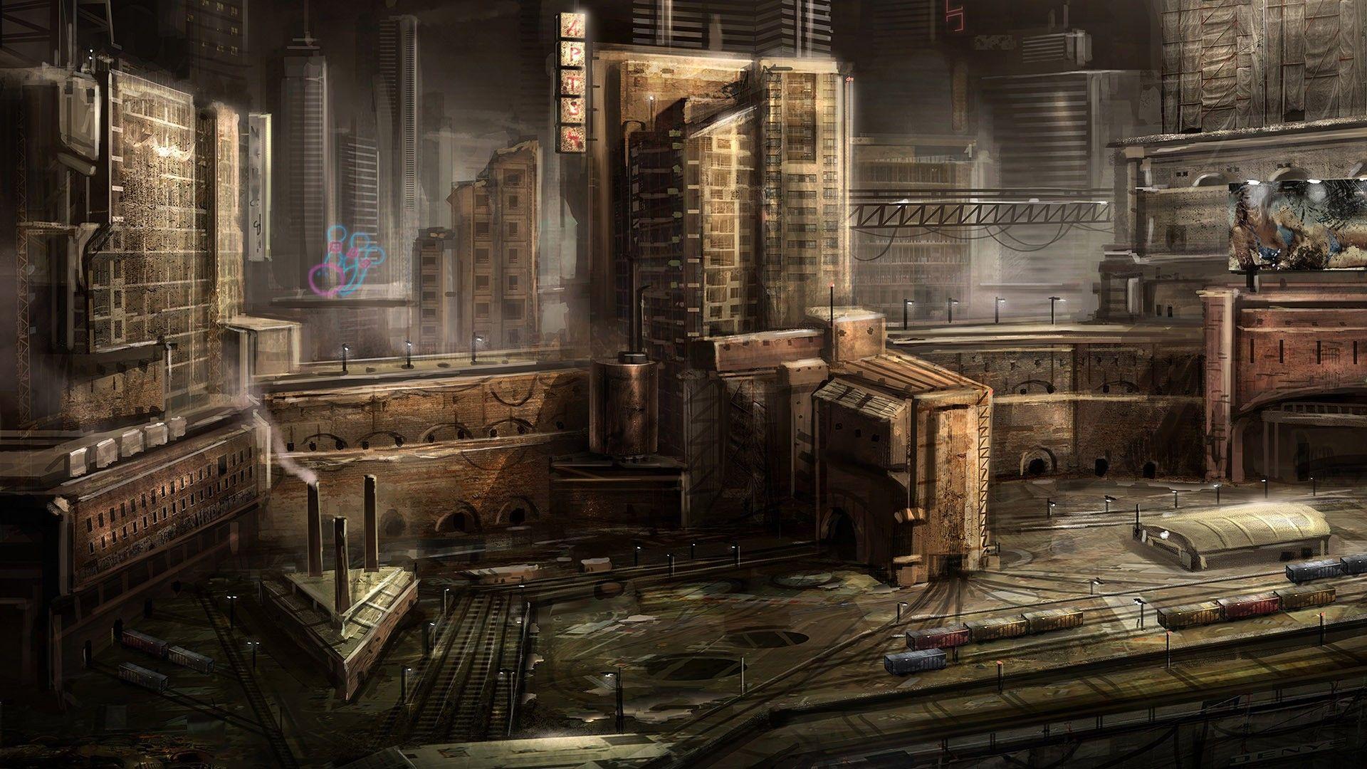 1920x1080 city, architecture, train station, digital art, creativity