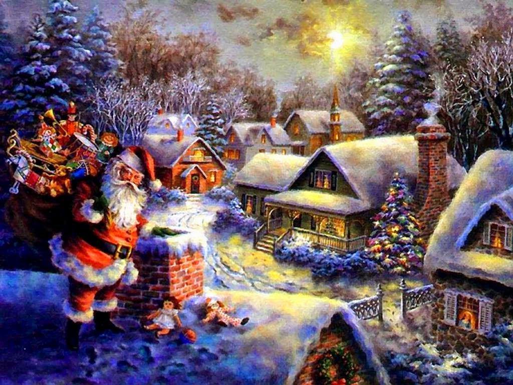 1024x768 Santa Claus Prepared To Enter Chimney To Place Gifts Cartoon Drawing