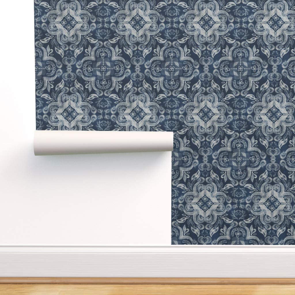 1024x1024 Spoonflower Peel And Stick Removable Wallpaper, Cream Boho Textured Bohemian Nature Dark Navy Print, Self Adhesive Wallpaper 12in X 24in Test Swatch