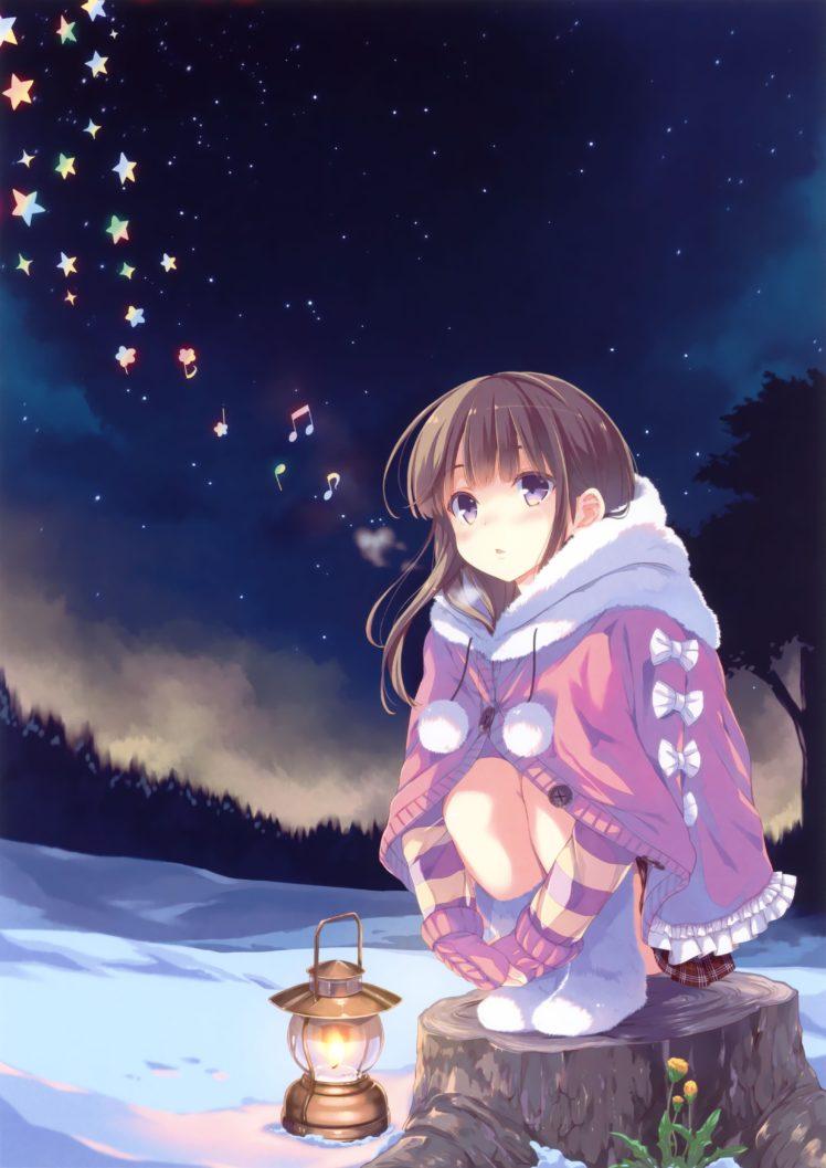 748x1057 brunettes, Music, Gloves, Night, Lights, Stars, Skirts, Long, Hair, Lanterns, Purple, Eyes, Anime, Girls, Singing, Scans, Original, Characters, Tometa, Ohara Wallpaper HD / Desktop and Mobile Background