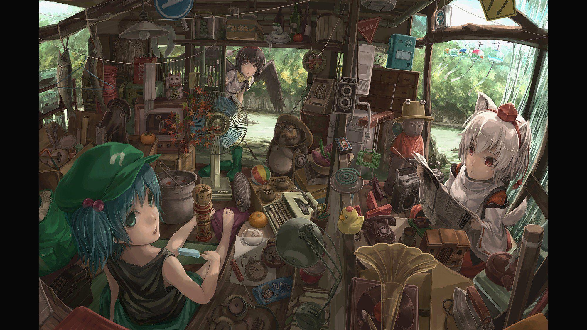 2000x1125 Game Inubashiri Momiji Kawashiro Nitori Shameimaru Aya Touhou Anime