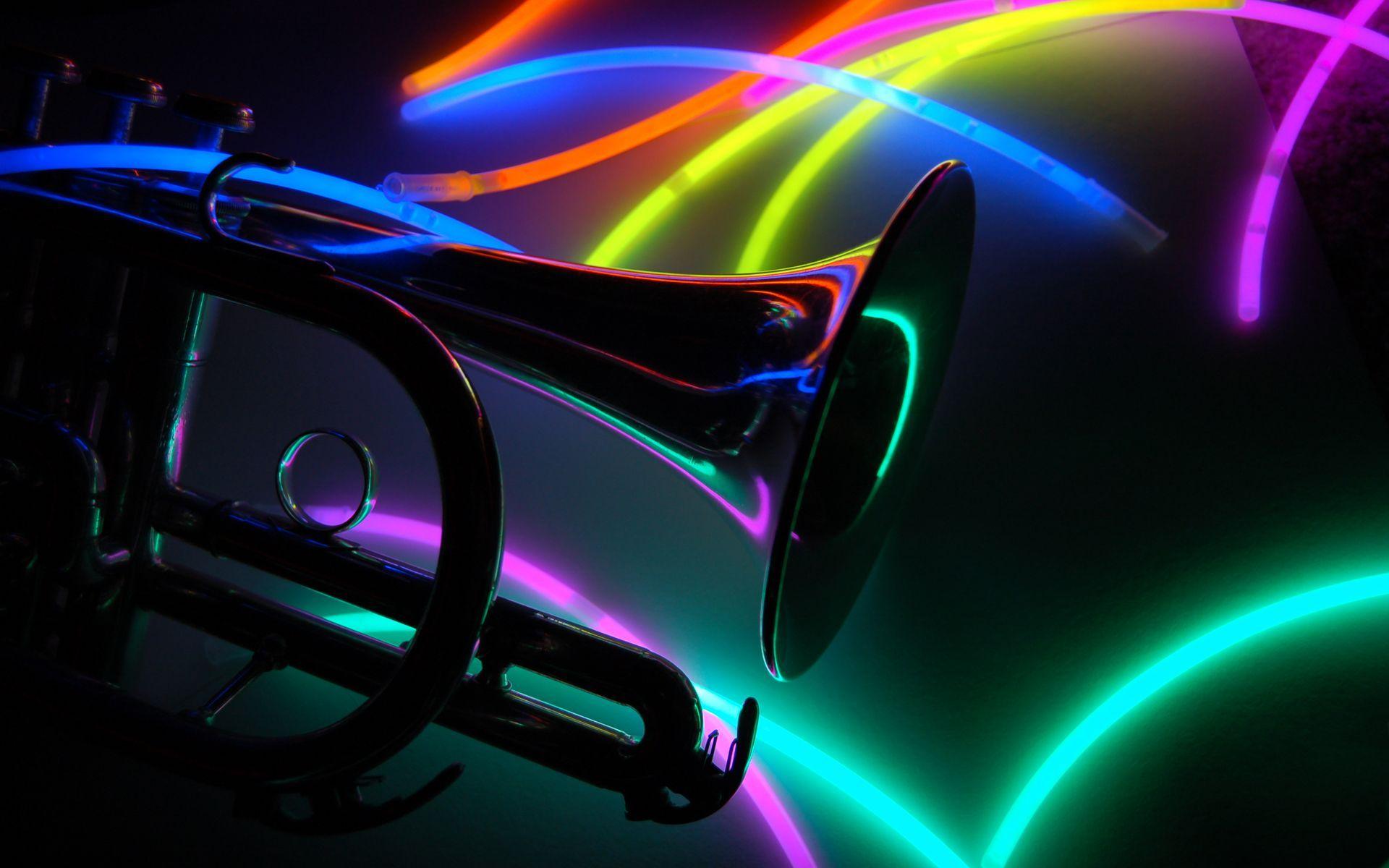1920x1200 Neon Music Notes Background. Neon Trumpet Artwork Wallpaper