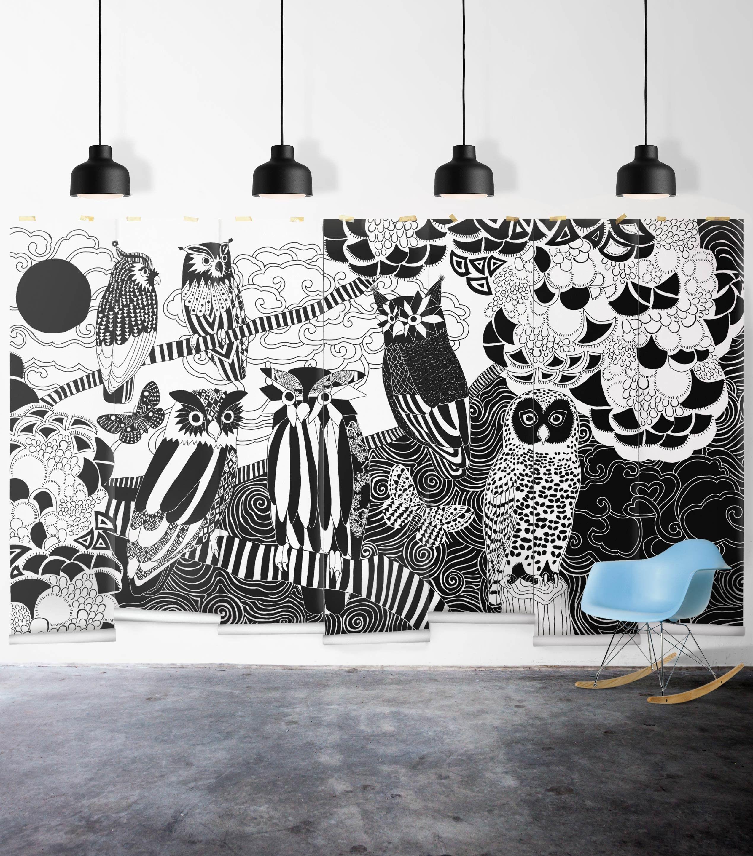 2539x2888 Large Black & White Owls Designer Wall Mural. Milton & King