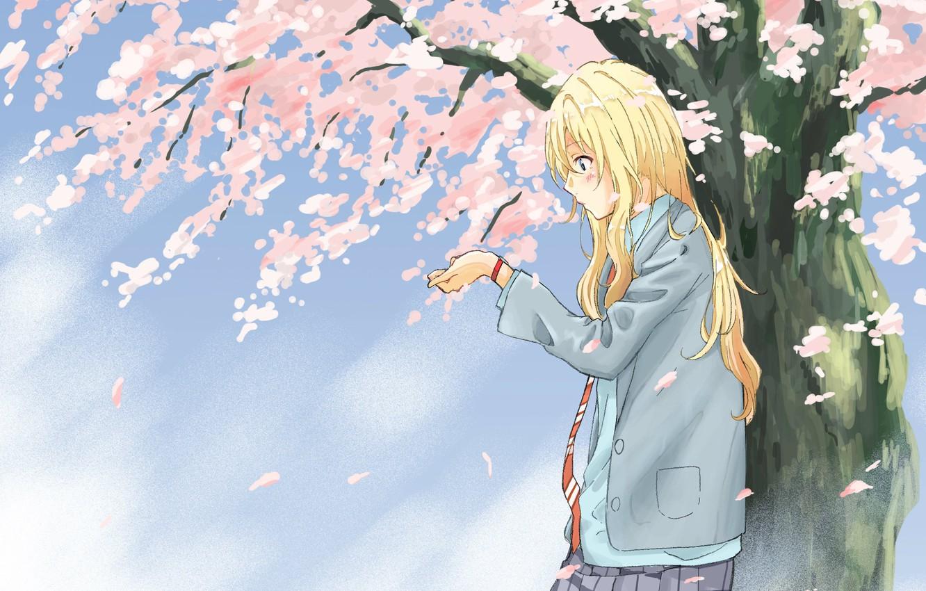 1332x850 Wallpaper schoolgirl, long hair, blue sky, Shigatsu wa Kimi no Uso, Your April lie, Kaori Miyazono, under the tree, the cherry blossoms image for desktop, section сёнэн