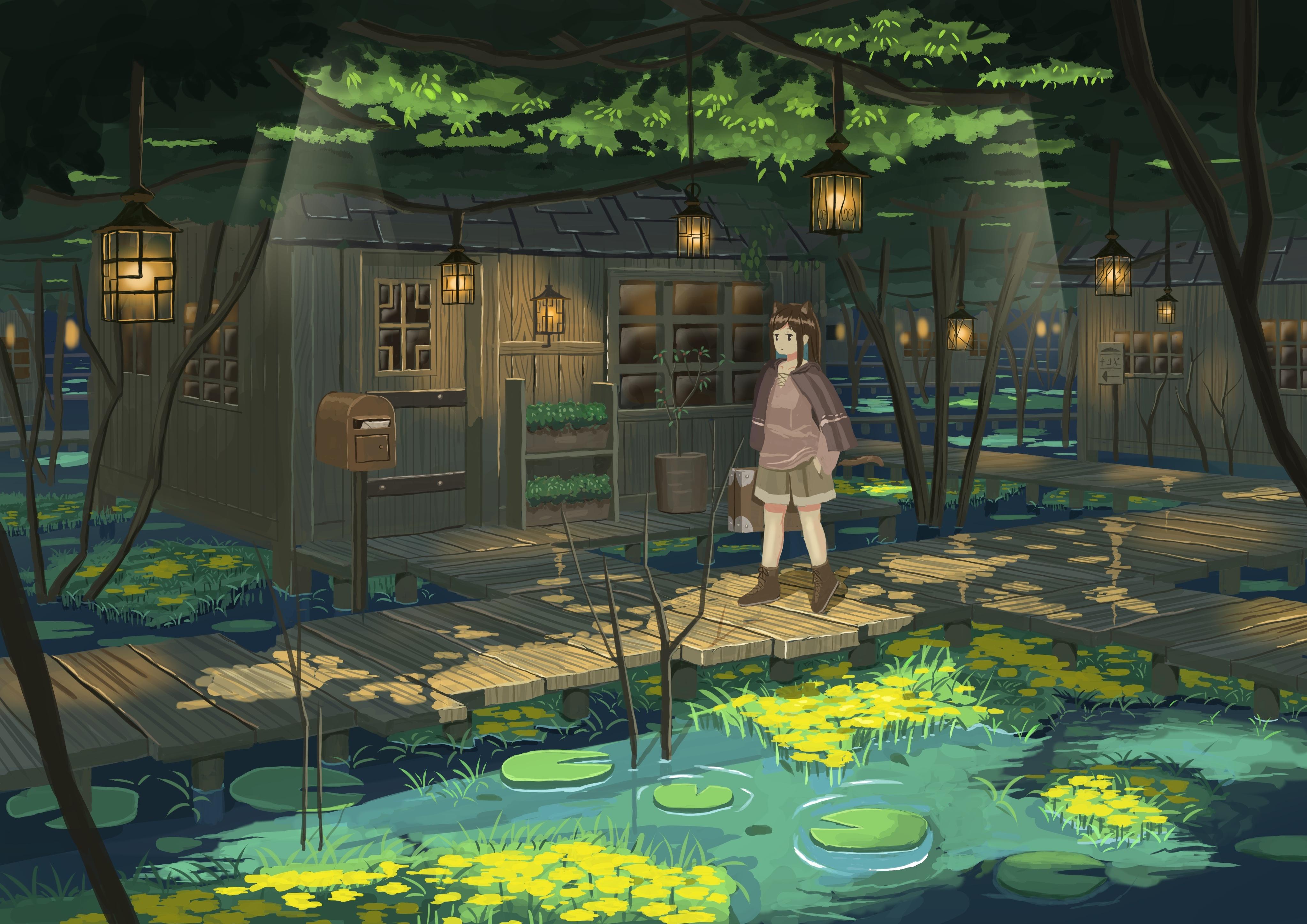 4093x2894 Wallpaper Anime House, Forest, Wooden Pier, Lantern, Scenic, Mailbox:4093x2894
