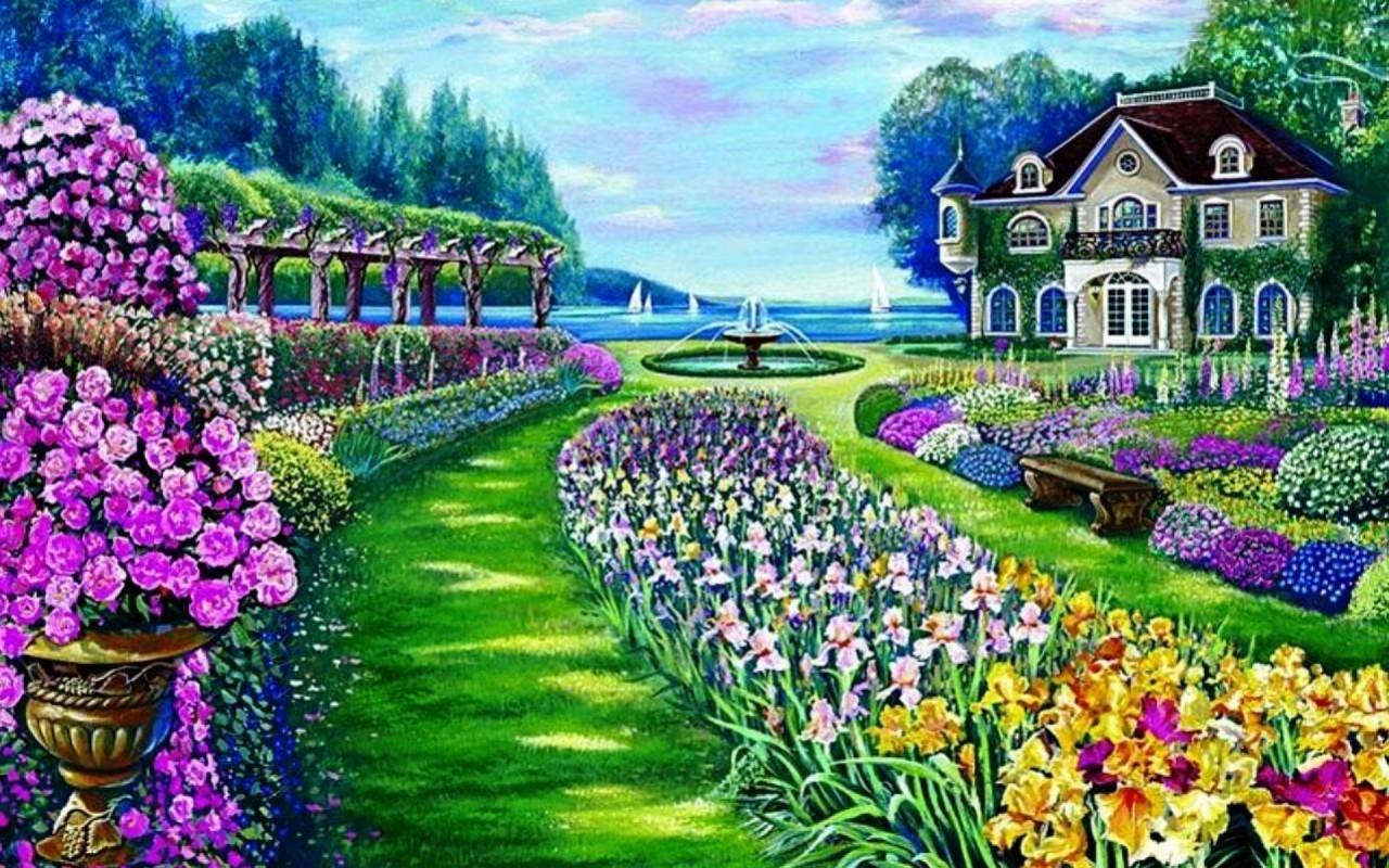 1280x800 Beautiful Garden Mansion Lake wallpaper. Beautiful Garden Mansion Lake