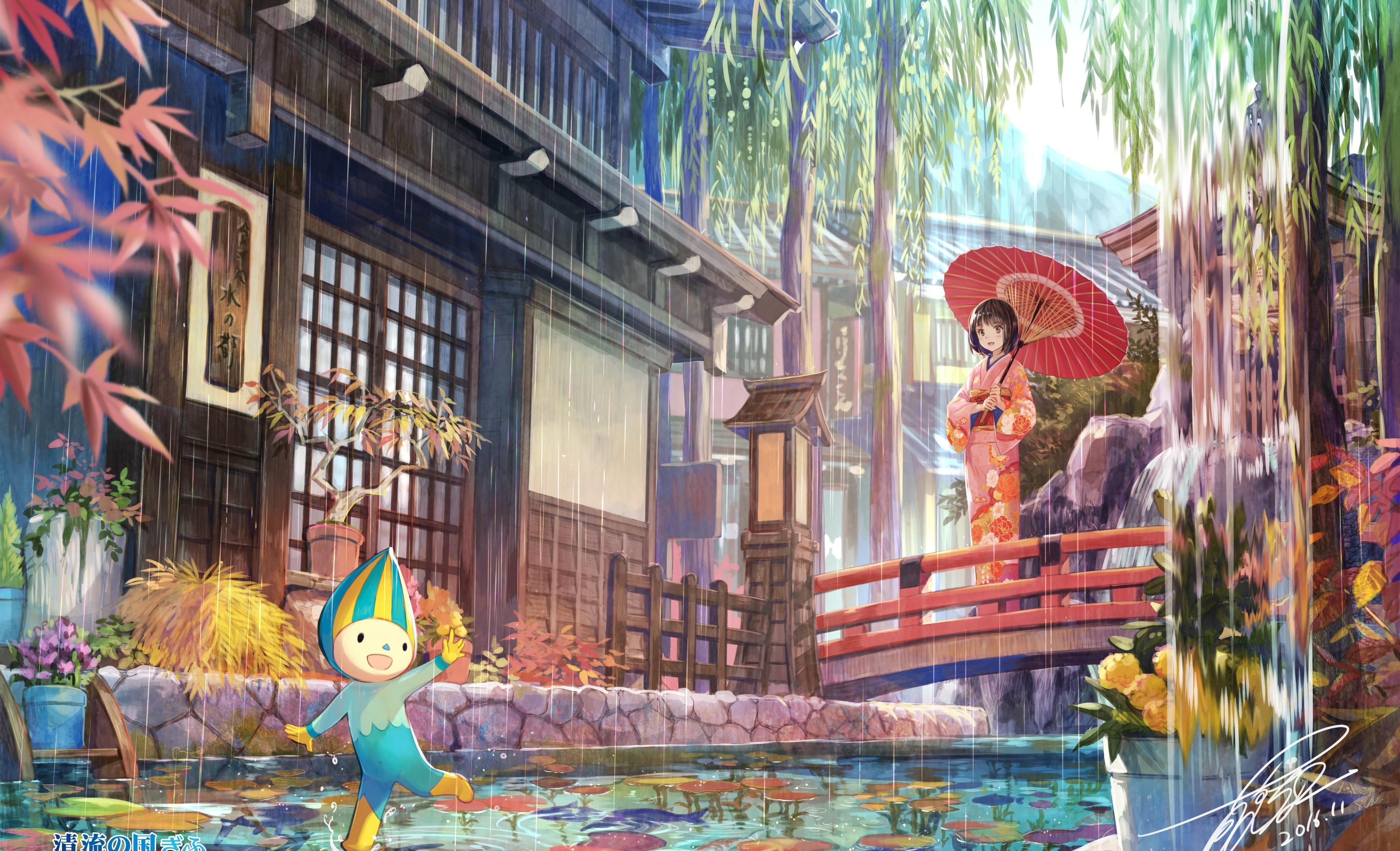 4137x2514 Anime Girl, Kimono, Traditional Japanese House, Water