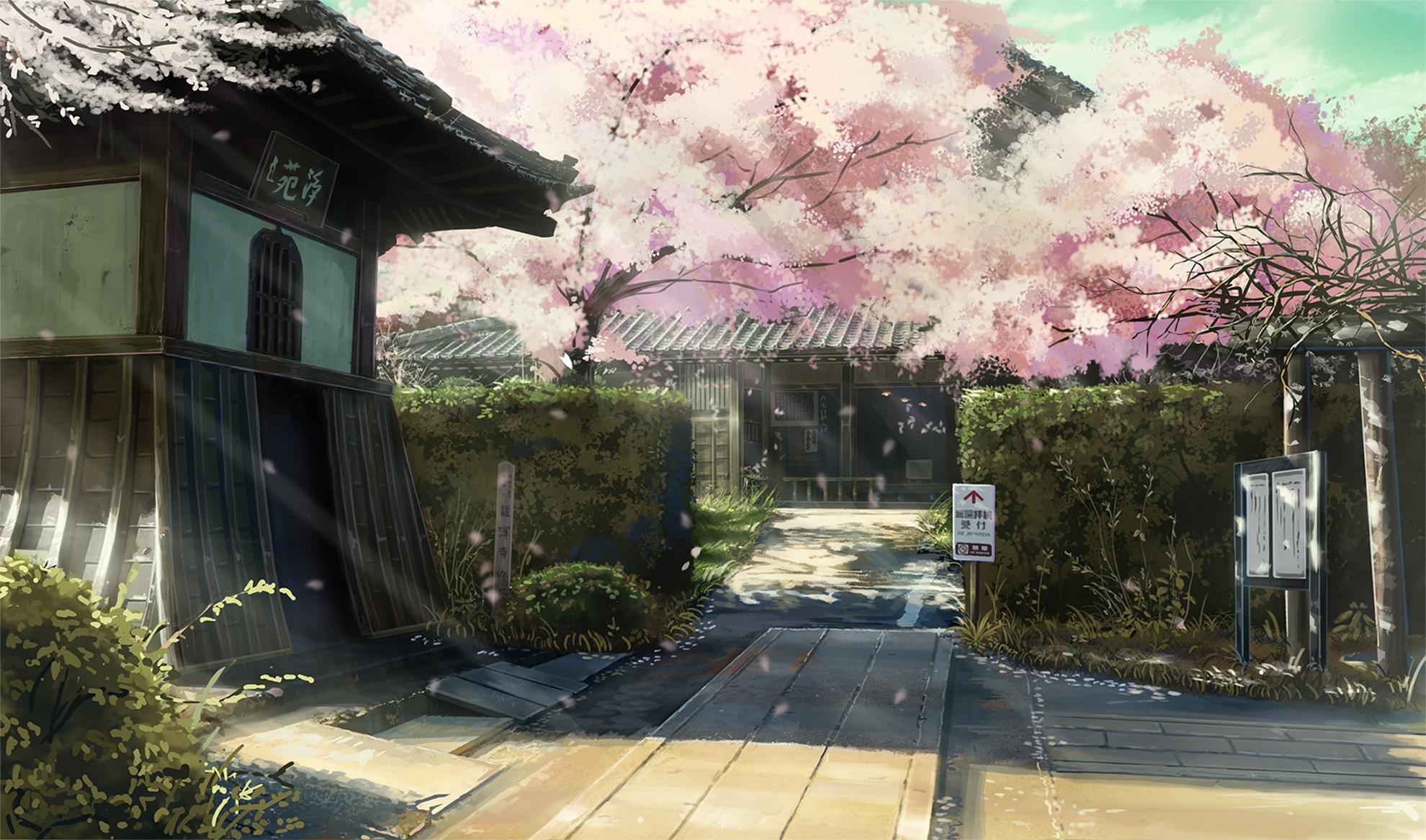 1980x1167 Download 1980x1167 Anime Building, Japanese House, Sakura Blossom, Scenic Wallpaper