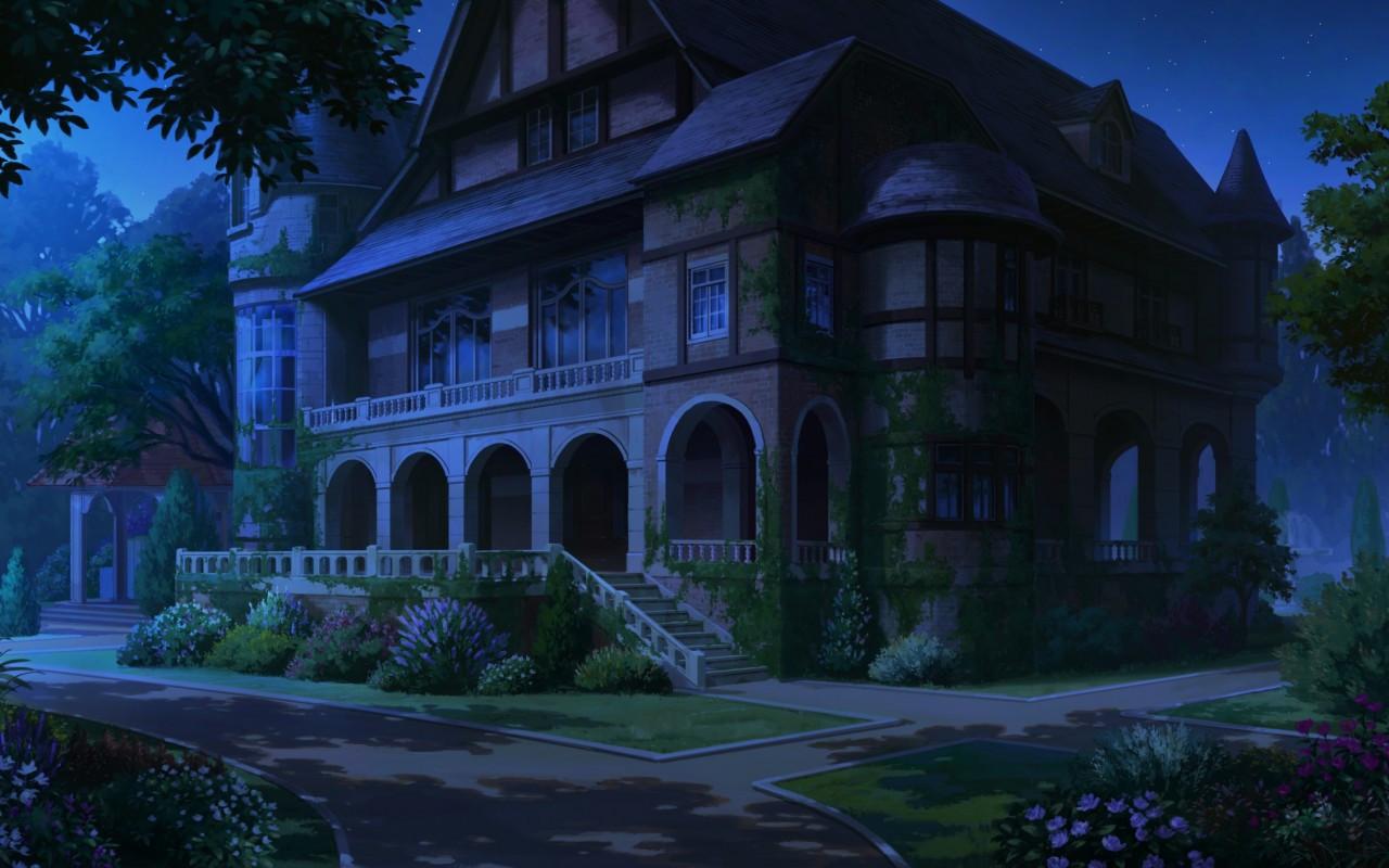 1280x800 Download 1280x800 Anime Building, Night, Forest, Foliage Wallpaper for Motorola Xoom, MacBook Pro 13