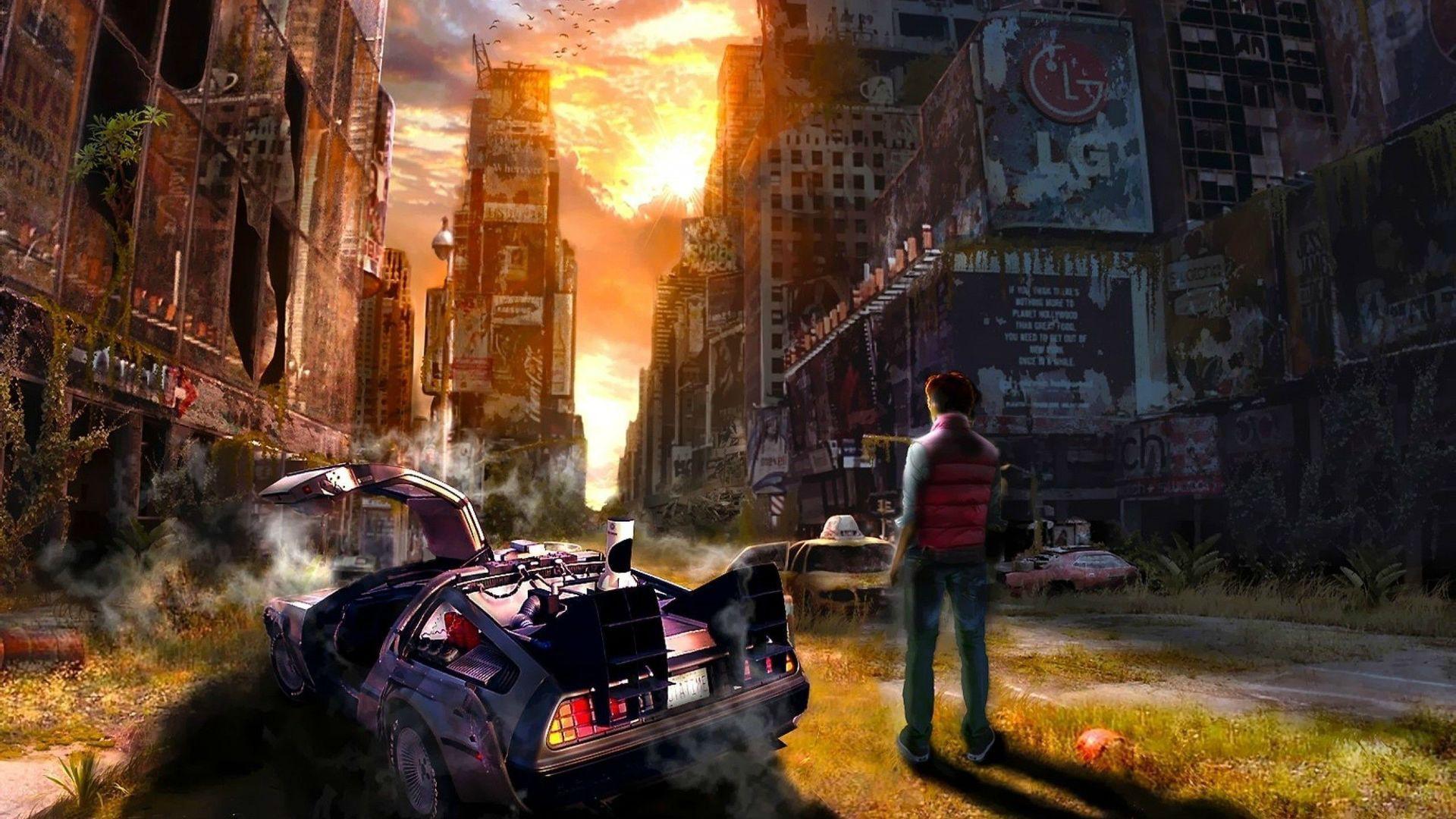1920x1080 #time travel, #DeLorean, #Tom Baker, #artwork, #TV, #The Doctor, #Doctor Who, #Back to the Future, #science fiction, #crossover, #TARDIS, wallpaper HD Wallpaper