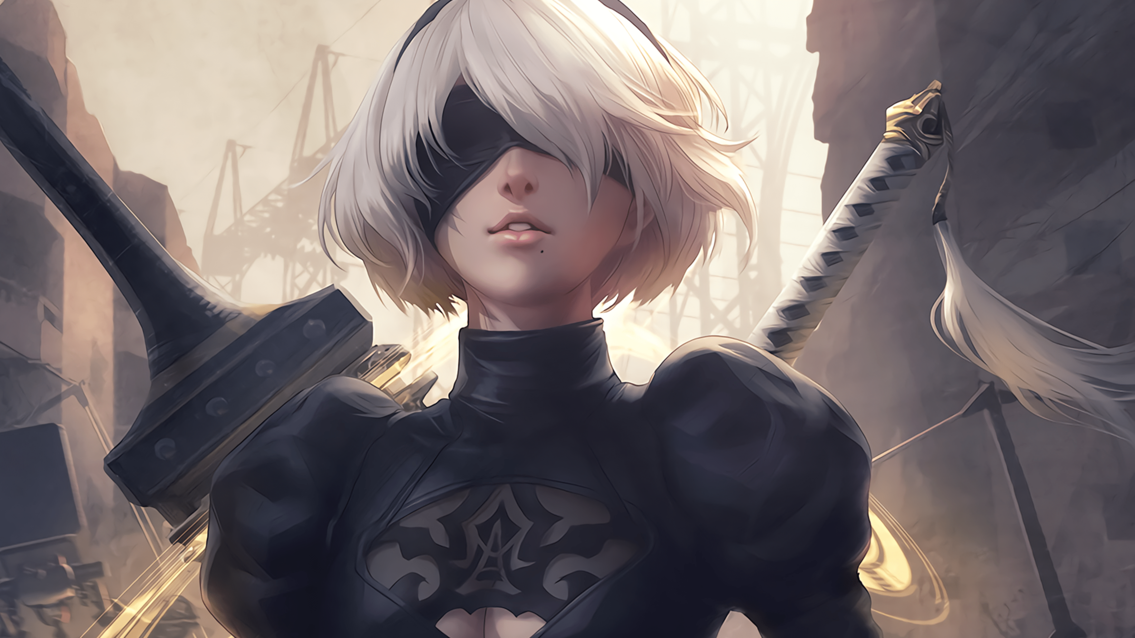 3840x2160 Download 3840x2160 Nier: Automata, Yorha 2b, Eyepatch, Swords, White Hair Wallpaper for UHD TV