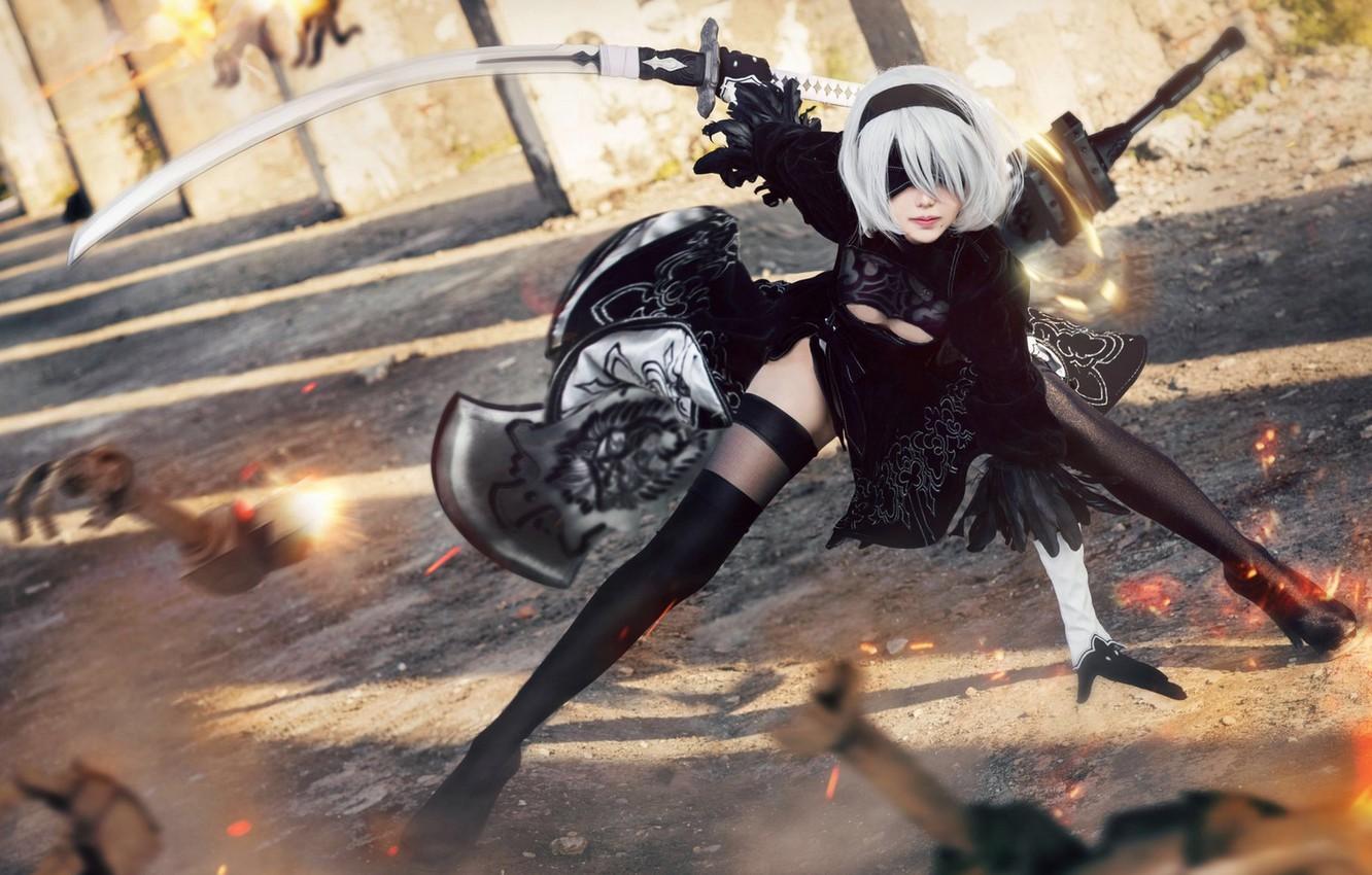 1332x850 Wallpaper battle, sparks, cosplay, Nier Automata, No. 2 Yorha image for desktop, section игры