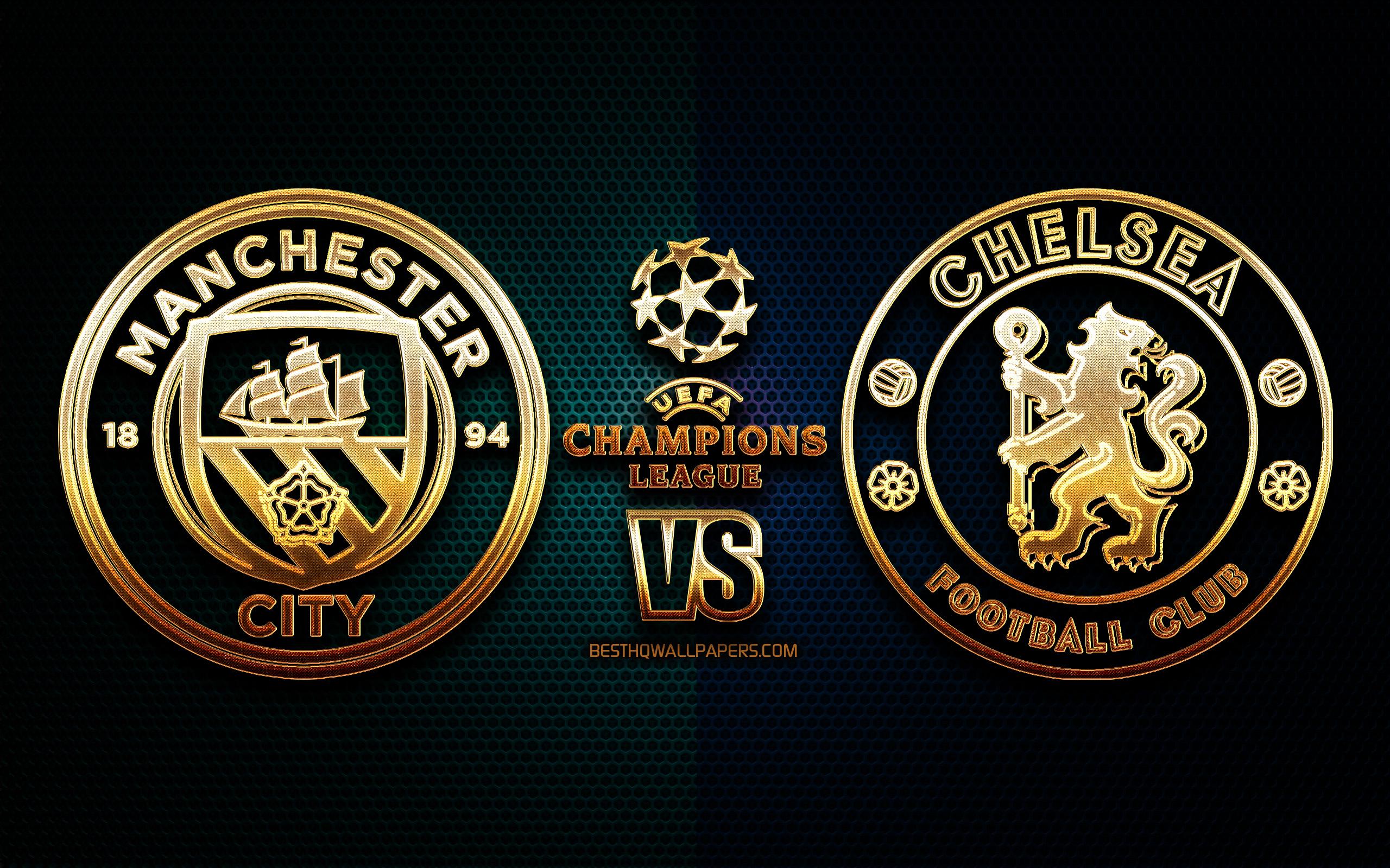 2560x1600 Download wallpaper Manchester City vs Chelsea, season 2020- Final, UEFA Champions League, metal grid background, golden glitter logo, Manchester City FC, Chelsea FC, UEFA, Manchester City FC vs Chelsea FC for desktop