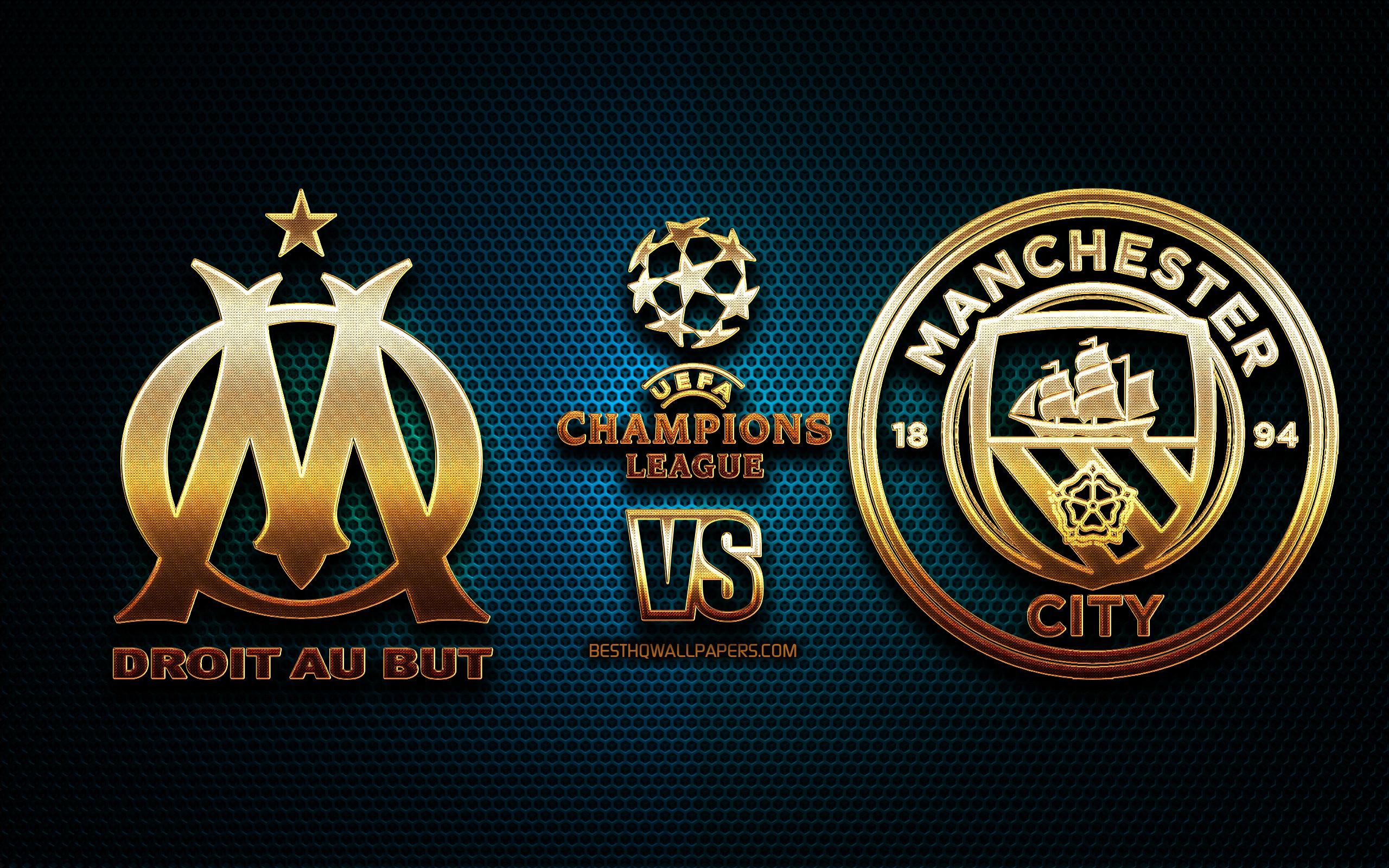 2560x1600 Download wallpaper Olympique Marseille vs Manchester City, season 2020- Group C, UEFA Champions League, metal grid background, golden glitter logo, Olympique Marseille FC, Manchester City FC, UEFA for desktop with resolution 2560x1600
