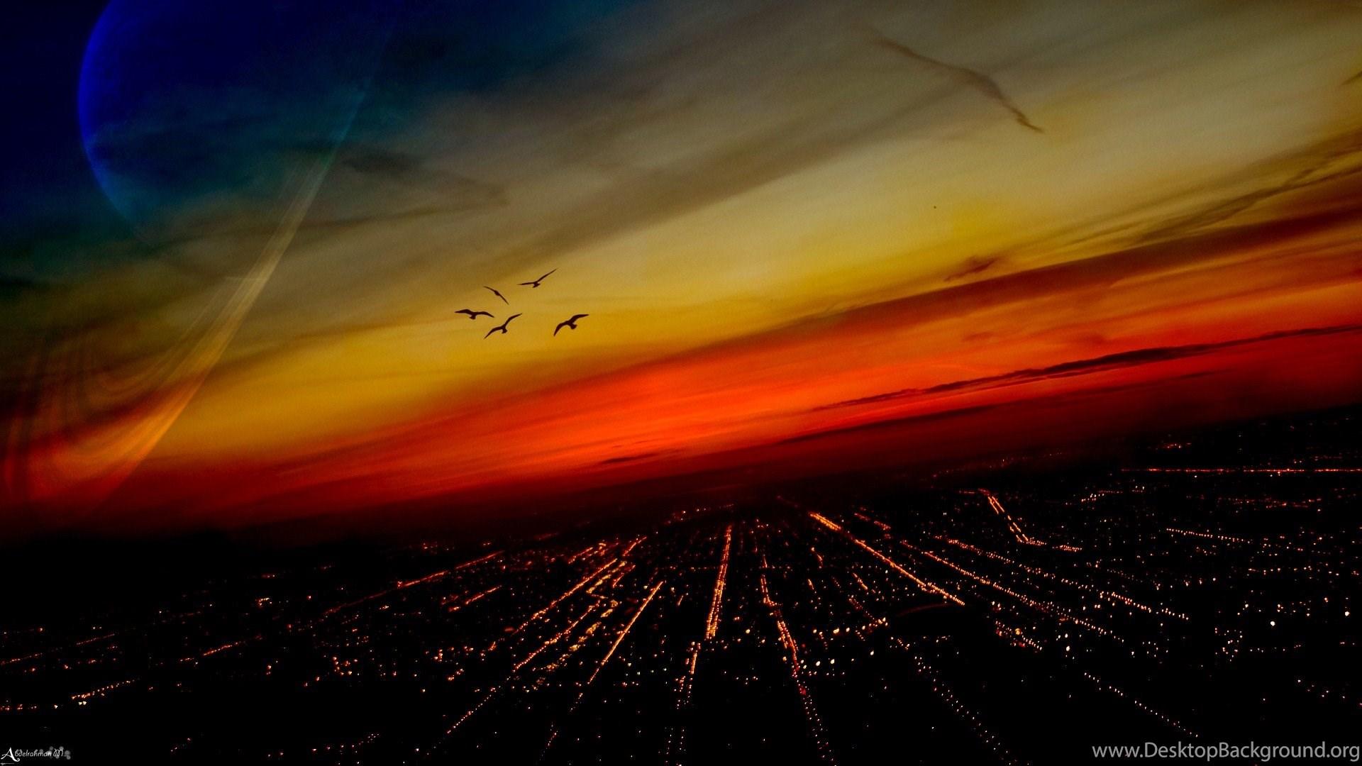 1920x1080 City Grid Dusk Birds Flying Desktop Wallpaper Desktop Background