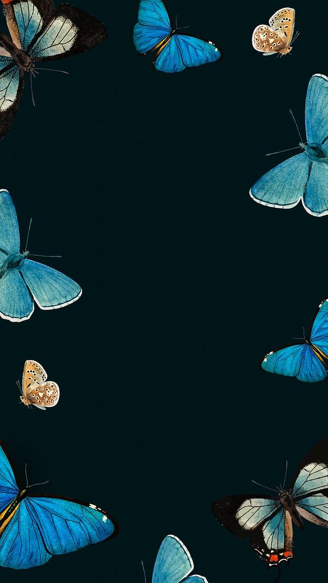 675x1200 Blue butterflies patterned on black