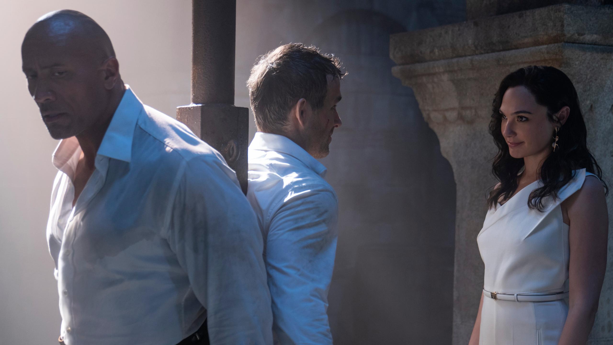 2560x1440 Dwayne Johnson Ryan Reynolds and Gal Gadot HD Wallpaper