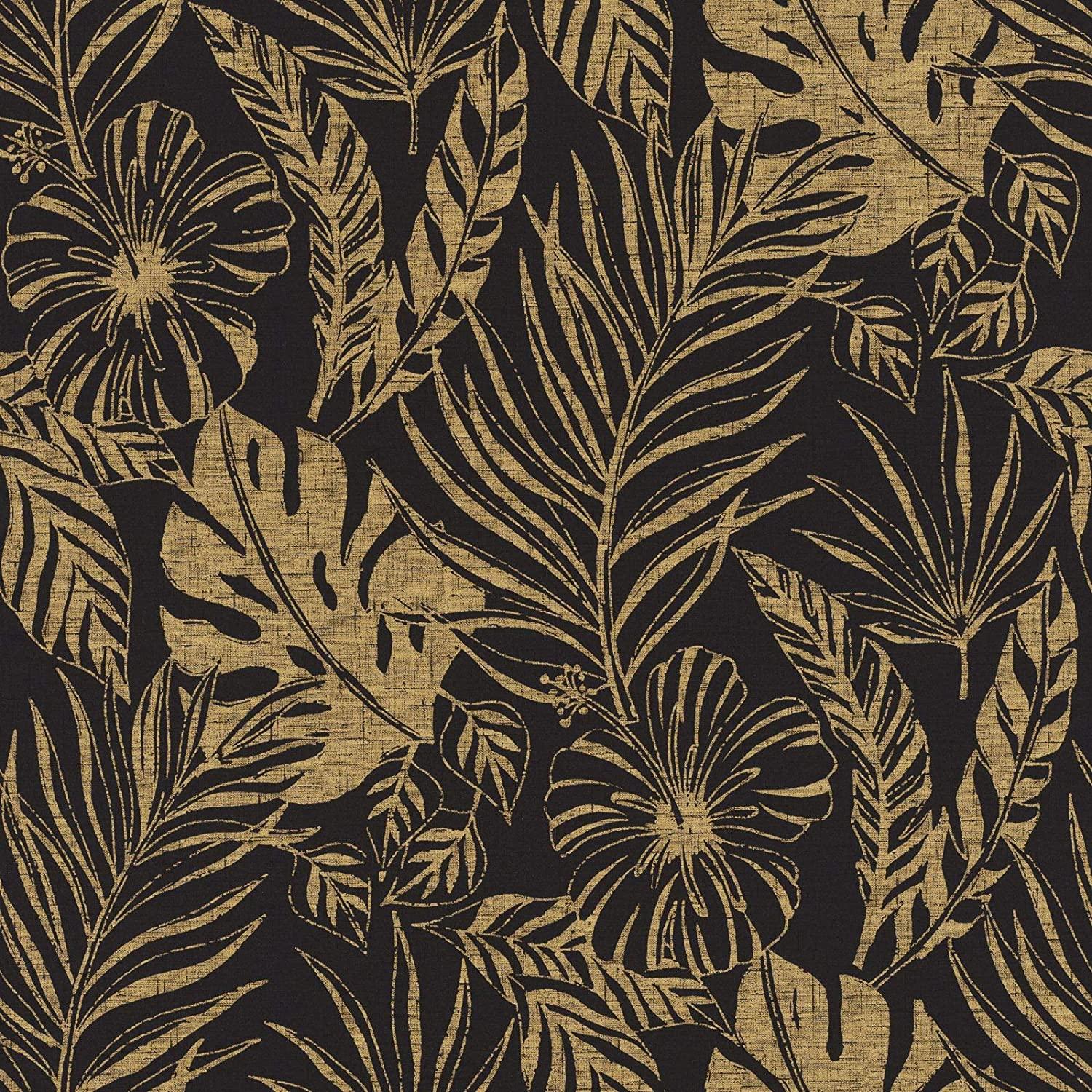 1500x1500 Portfolio Tropical Leaf Wallpaper Black Gold Rasch 215533