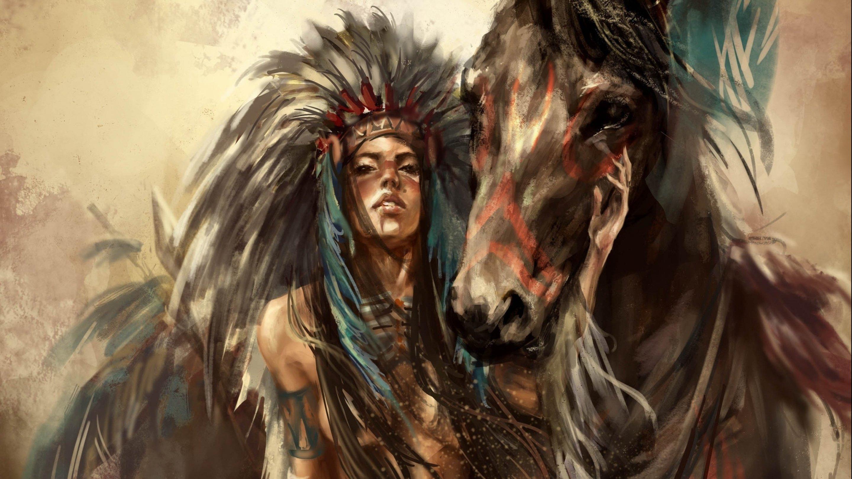 2880x1620 artistic, Art, Artwork, Women, Female, Girl, Girls, Woman, Native, American, Indian Wallpaper HD / Desktop and Mobile Background