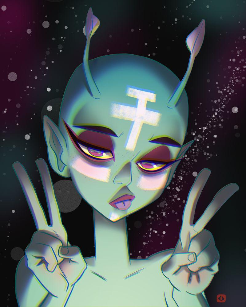 800x1000 Alien Girl Comes In Peace Art Print By Peter Straubel Small. Alien Art, Alien Drawings, Alien Artwork