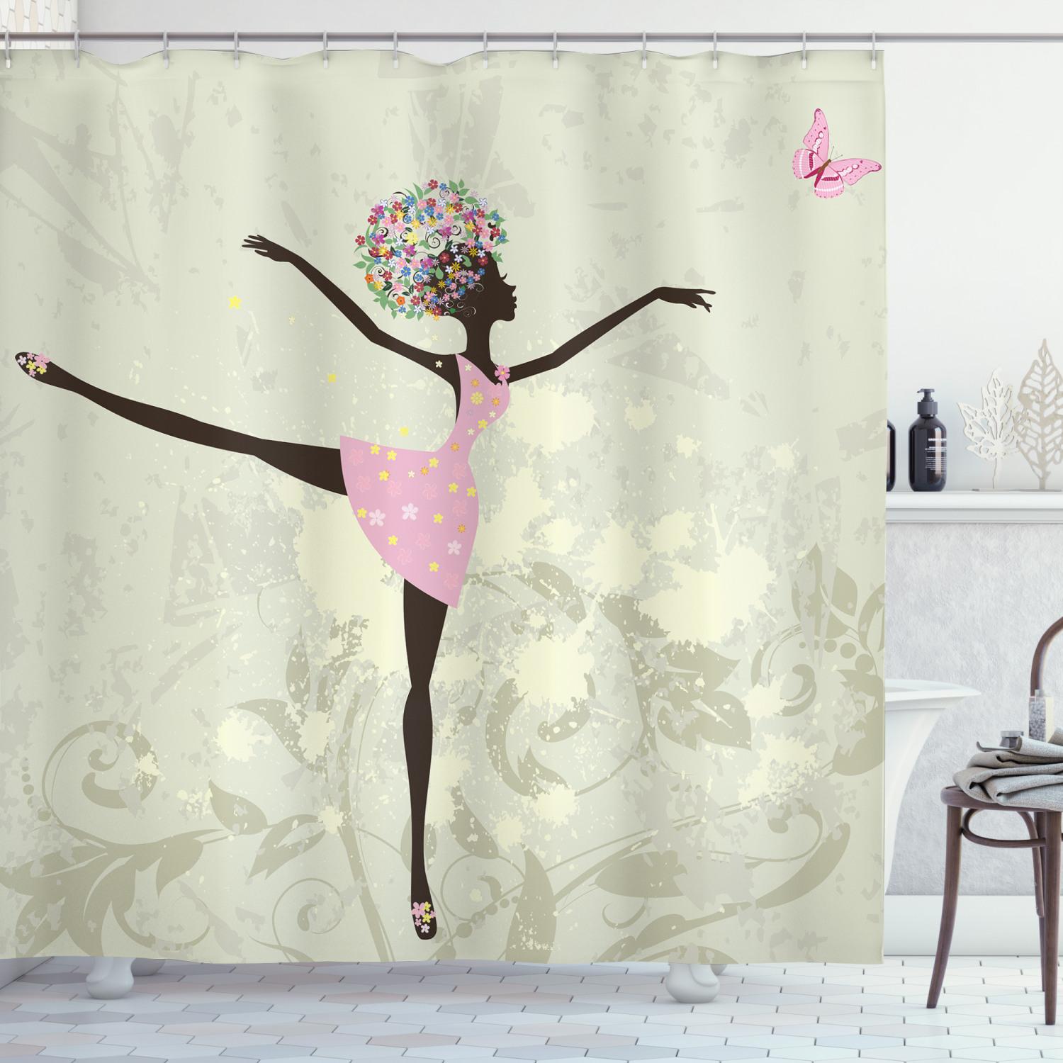 1500x1500 Ballet Shower Curtain, Afro Girl with Floral Hair Dancing Monarch Butterfly on Grunge Background, Fabric Bathroom Set with Hooks, 69W X 75L Inches Long, Pale Green Pink Brown
