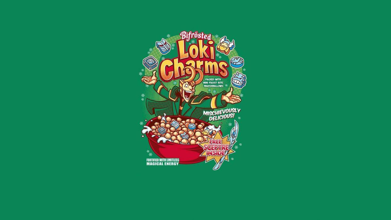 1244x700 Funny parody cereal Loki green background wallpaperx1080