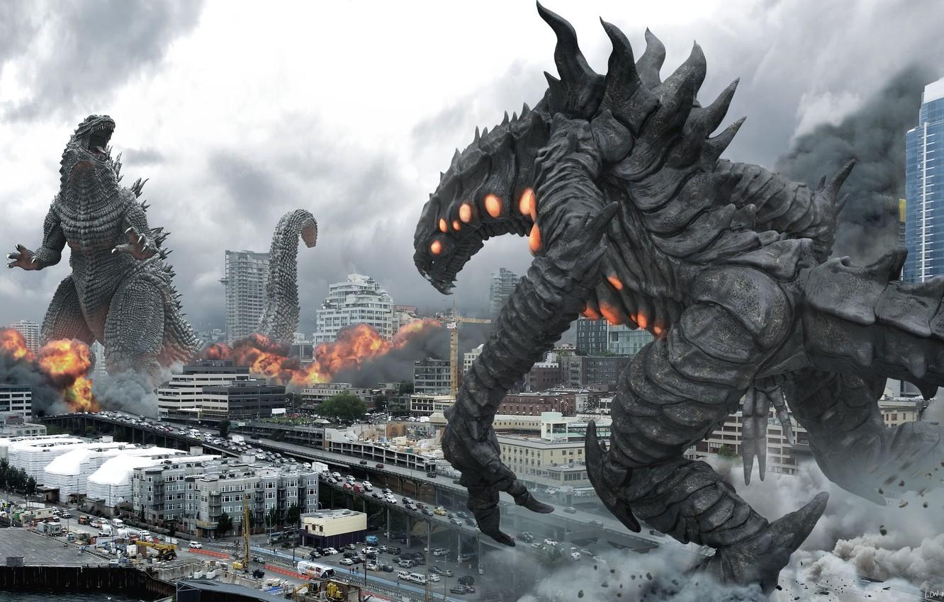 1332x850 Wallpaper car, city, cinema, fire, flame, monster, cars, chaos, dust, movie, Godzilla, film, spark, bakemono image for desktop, section фантастика
