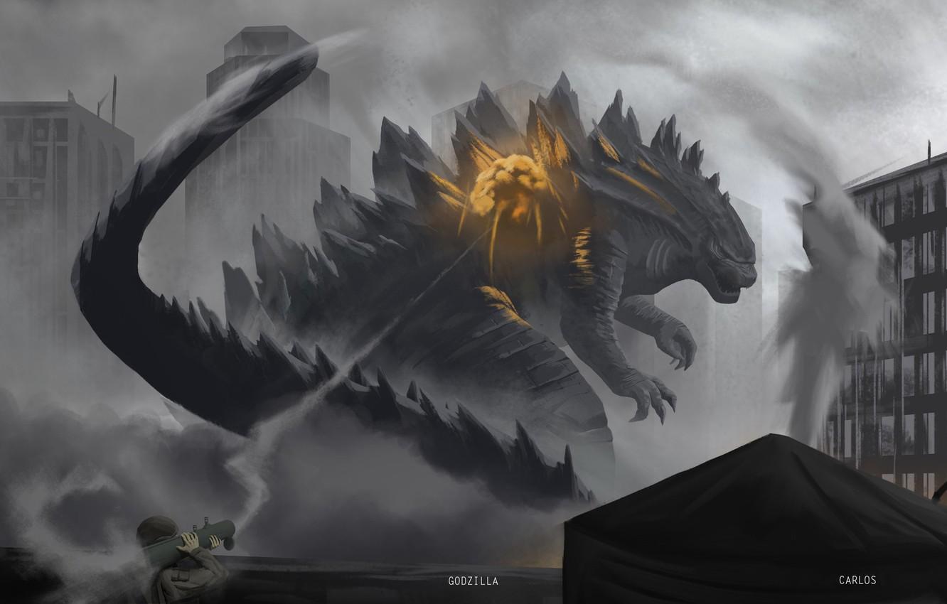 1332x850 Wallpaper Figure, The city, Fire, Soldiers, Godzilla, Art, Shot, Godzilla, Carlos, Carlos Alan Maya Navarro, by Carlos Alan Maya Navarro, by Carlos image for desktop, section арт