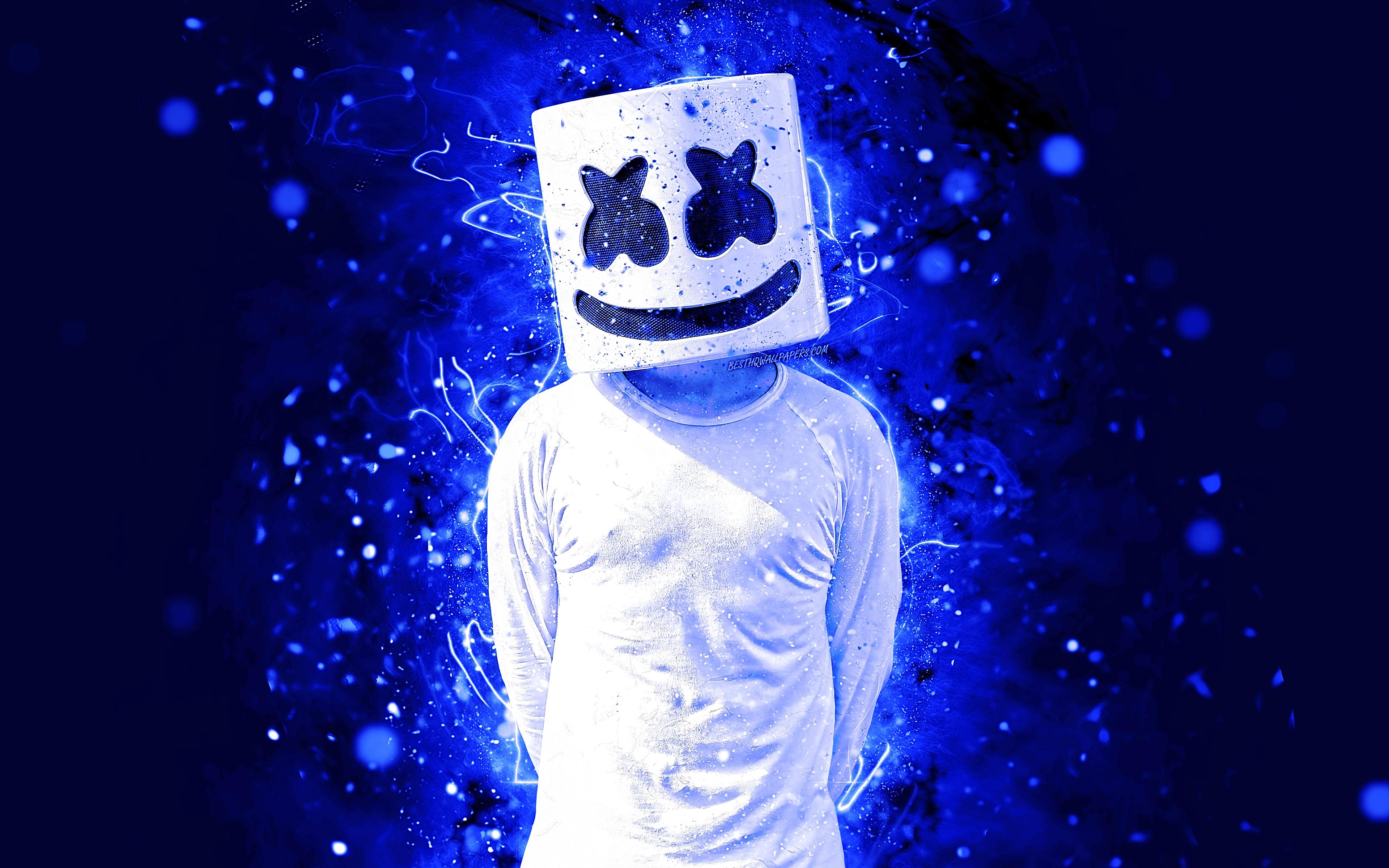 3840x2400 Download wallpaper Marshmello DJ, 4k, dakr blue neon, american DJ, fan art, Christopher Comstock, Marshmello 4K, artwork, Marshmello, superstars, creative, DJ Marshmello, DJs for desktop with resolution 3840x2400. High Quality HD picture
