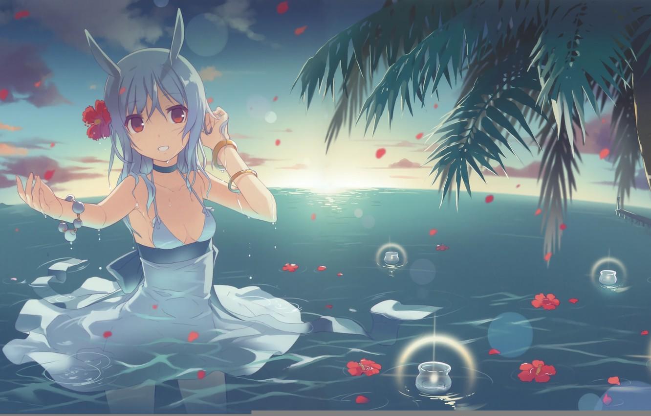 1332x850 Wallpaper sea, the sky, water, girl, clouds, sunset, flowers, candle, anime, art, ears, h2so dj max, suee, island of horizon, dj max technika image for desktop, section прочее