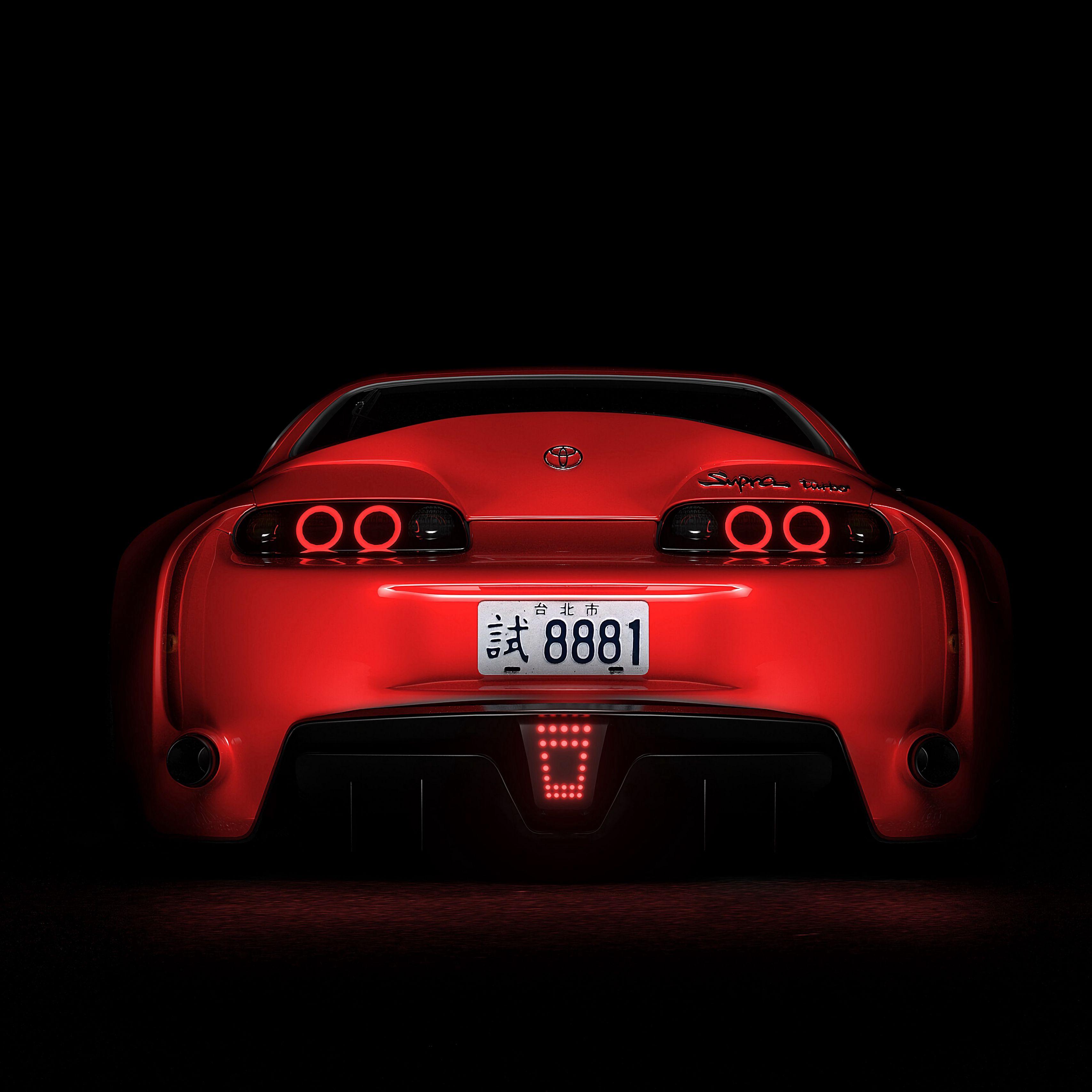 3415x3415 Download wallpaper 3415x3415 toyota supra, toyota, sportscar, red, rear view, dark, backlight ipad pro 12.9 retina for parallax HD background