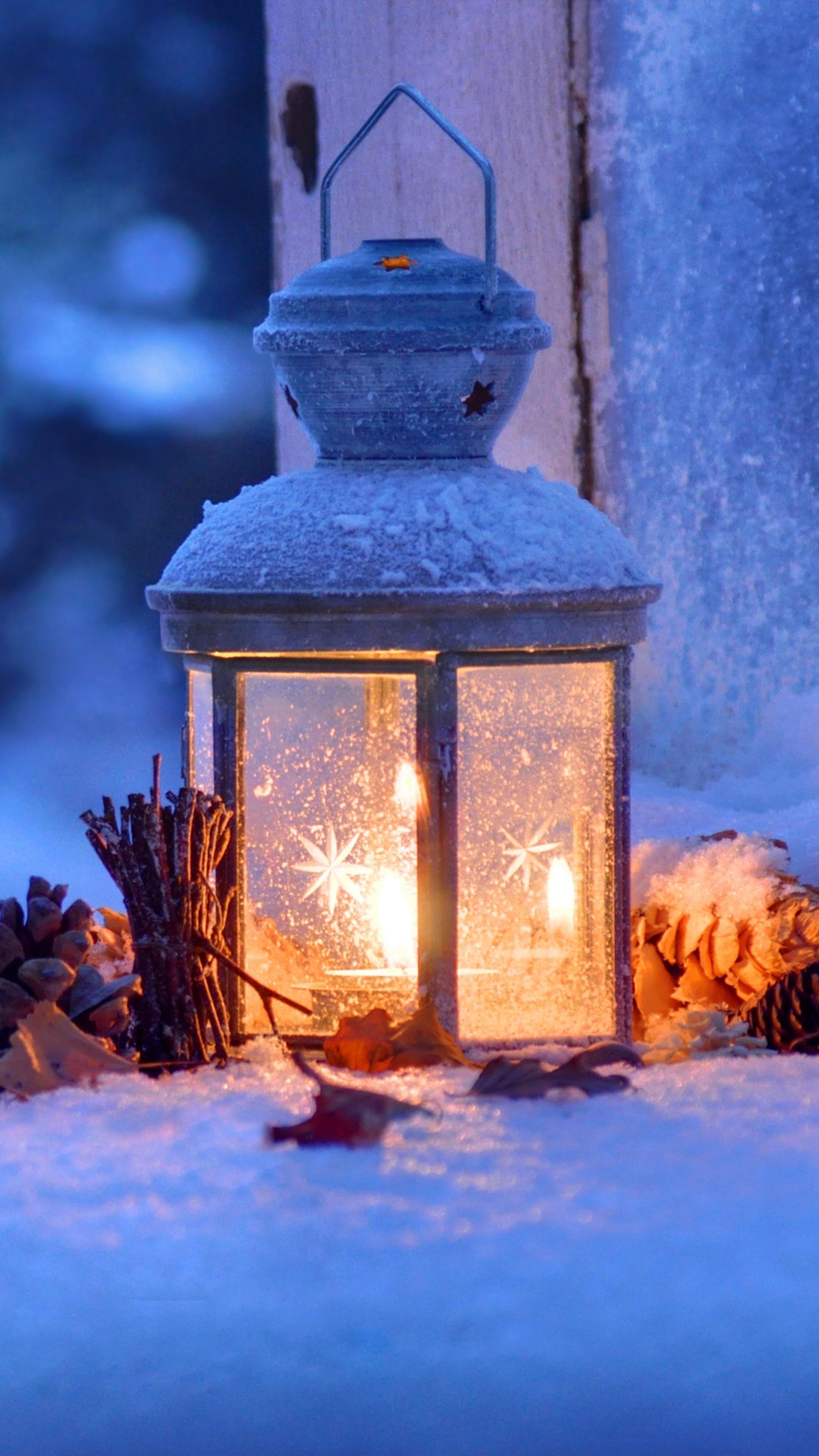 2160x3840 Lantern Snow Winter Christmas Eve 4K Ultra HD Mobile Wallpaper
