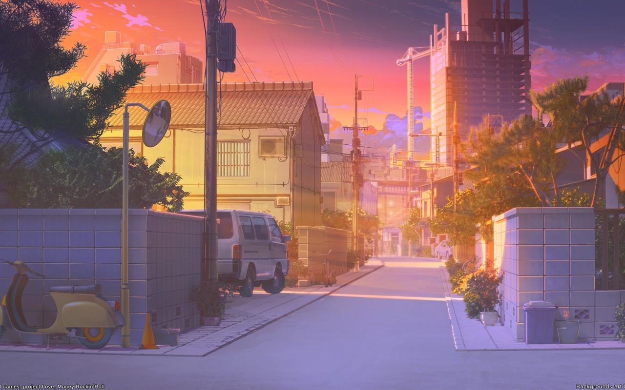 1280x800 Download 1280x800 Anime Street, Scenic, Sunset, Buildings, Car, Wall Wallpaper for Motorola Xoom, MacBook Pro 13