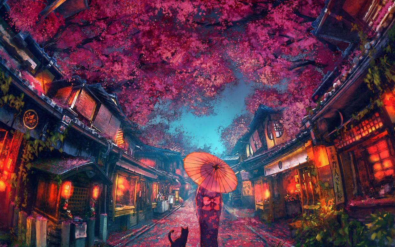 1280x800 Download 1280x800 Anime Street, Festival, Anime Girl, Yukata, Umbrella, Scenic, Trees Wallpaper for Motorola Xoom, MacBook Pro 13