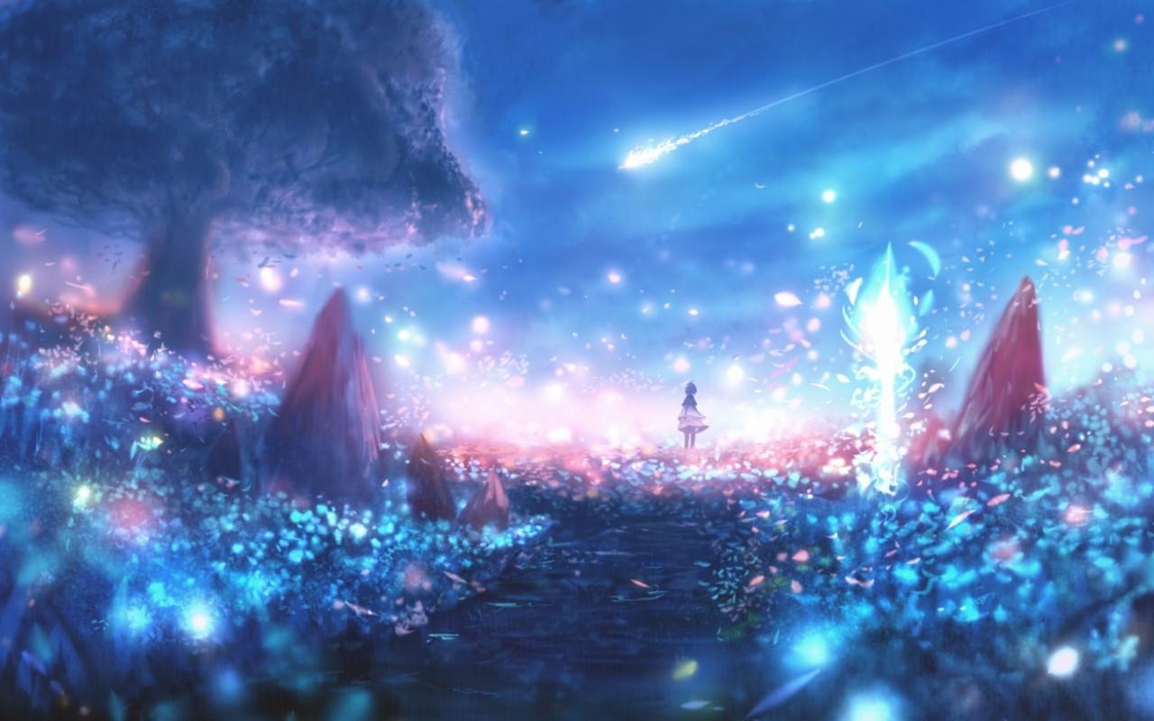 1280x800 Download 1280x800 Anime Landscape, Particles, Scenic, Polychromatic, Lights Wallpaper for Motorola Xoom, MacBook Pro 13