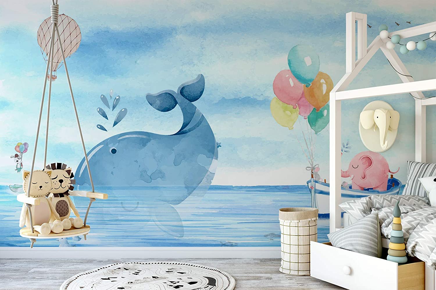1500x998 Murwall Kids Wallpaper Pink Elephant Wall Mural Cartoon Sea Wall Print Cute Whale Wall Art Girls Boys Bedroom Play Room : Handmade Products